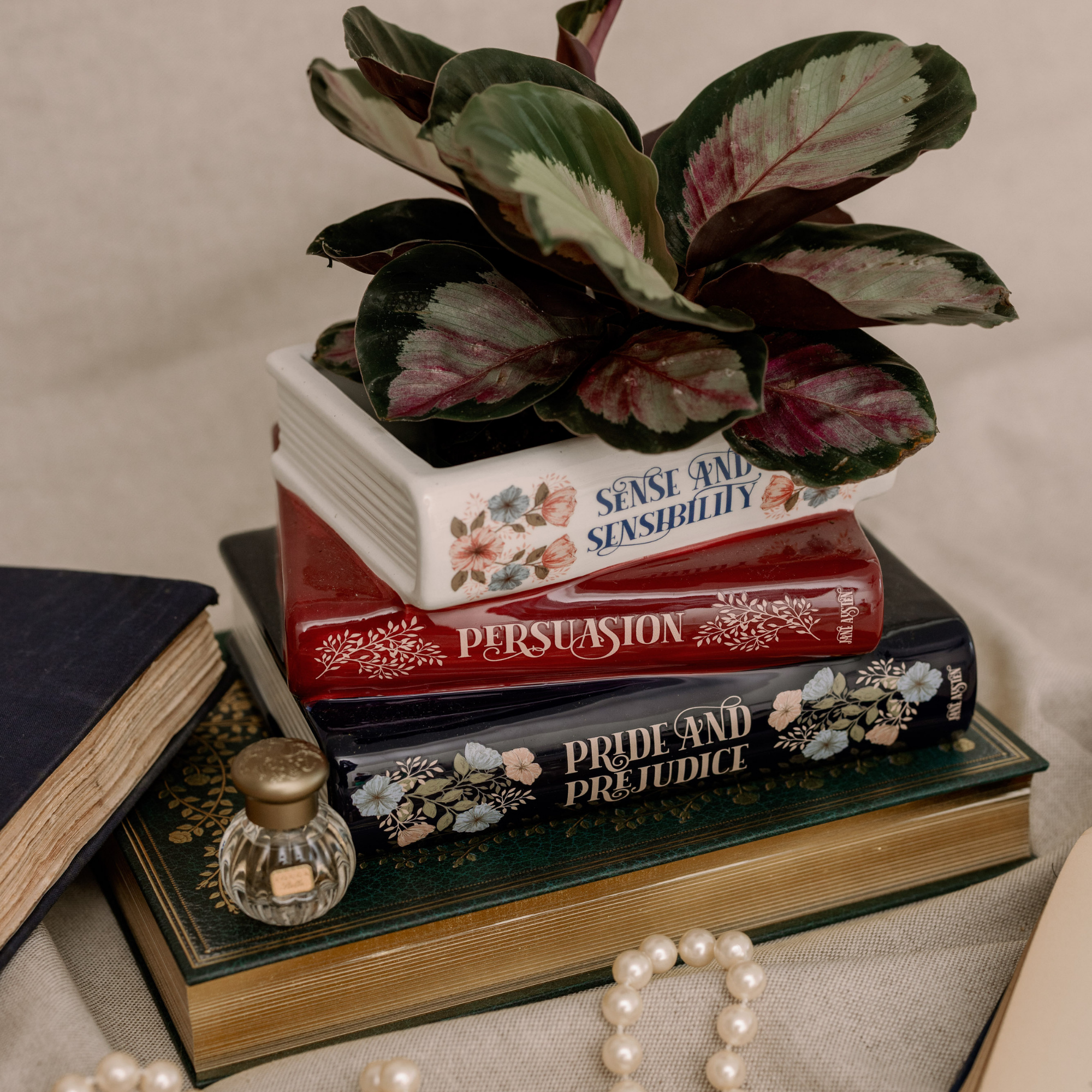 Stack of books with decorative covers resembling Jane Austen novels, a plant on top, and a small bottle on a textured surface.
