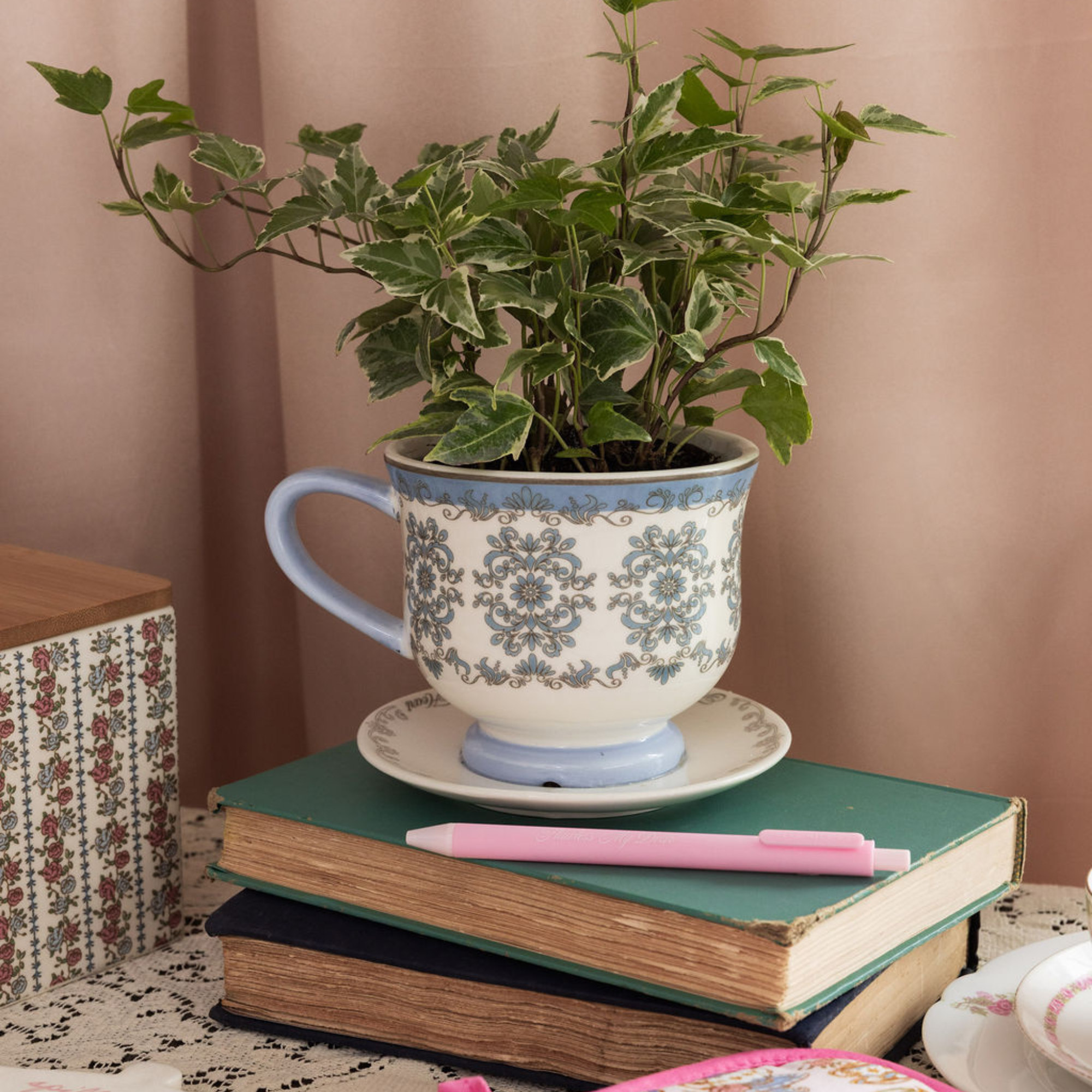 Decorative cup with plant, books, and pen on a table against a pink wall.