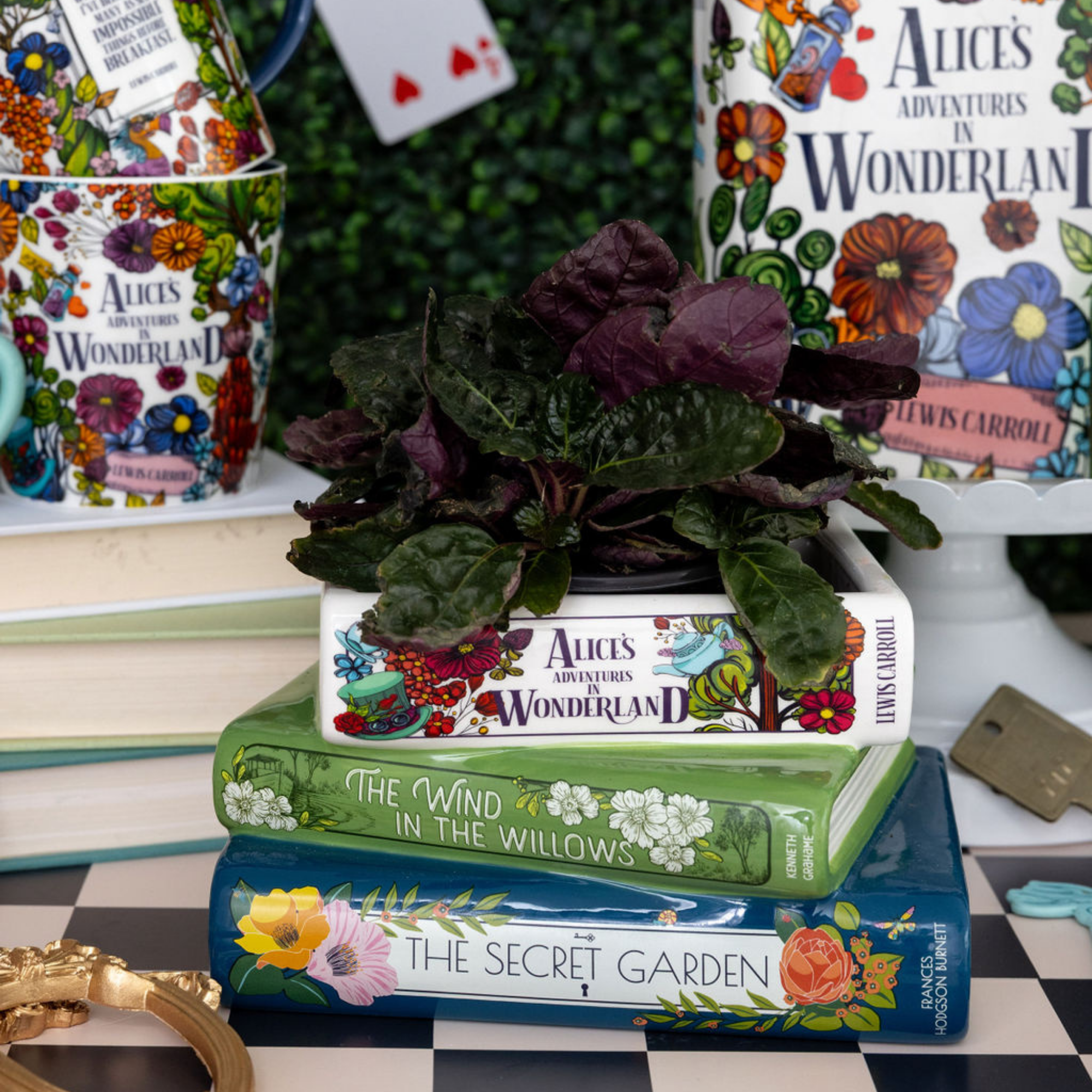Stack of books with decorative covers on a white background with plant inside