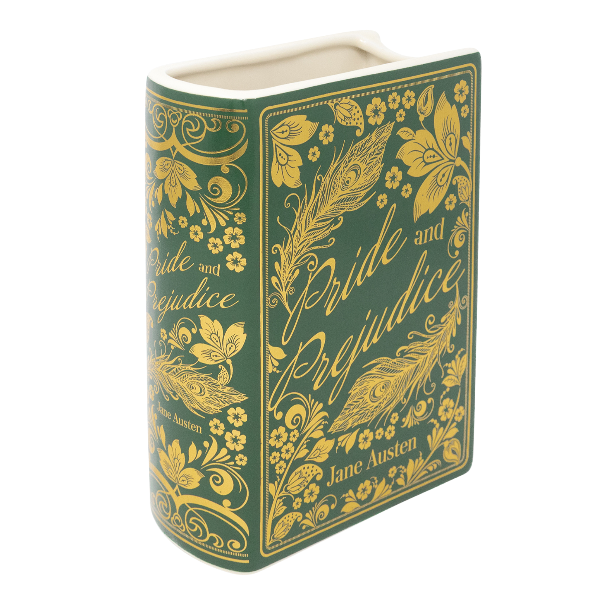 Decorative book-shaped container with 'Pride and Prejudice' design on a white background