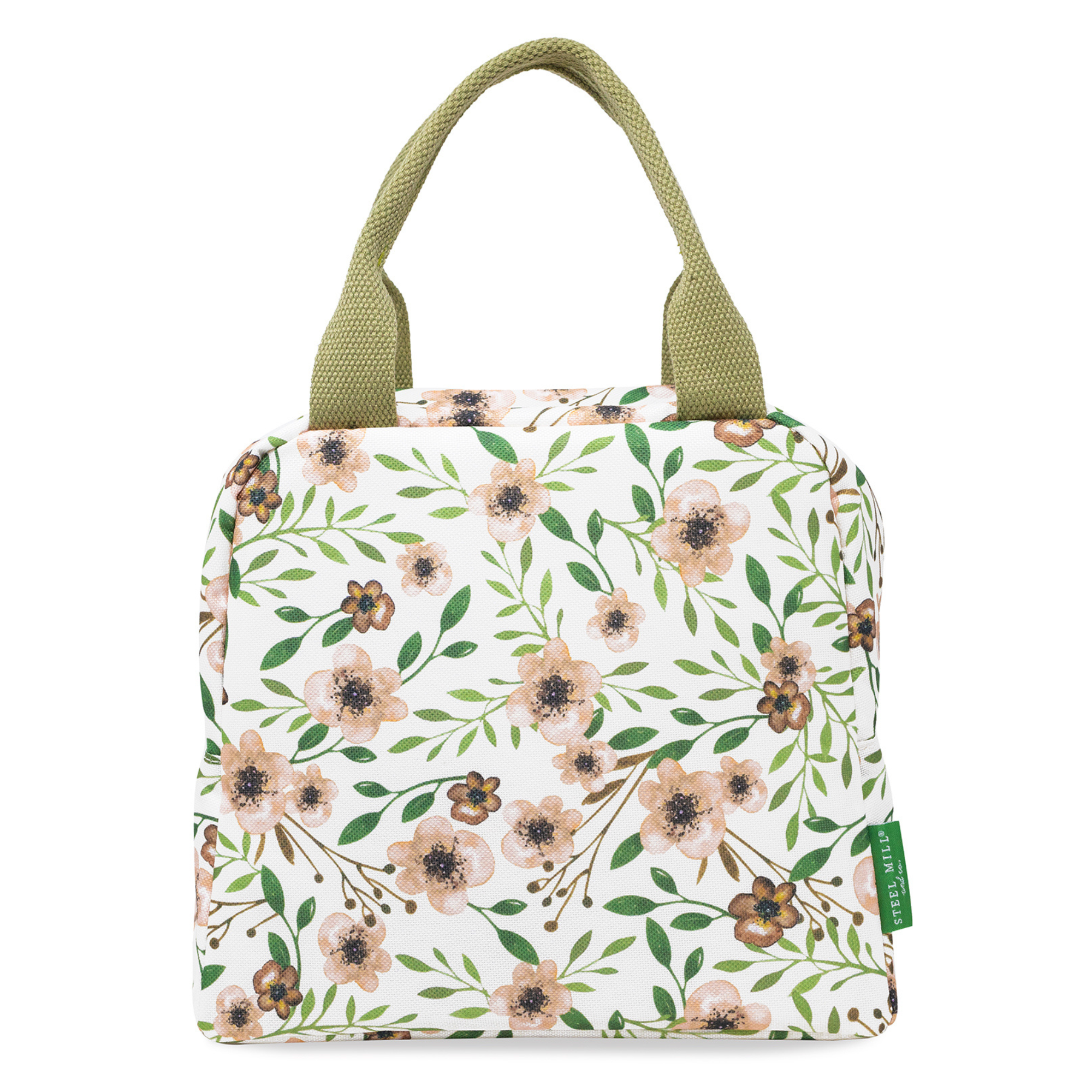 white lunch bag with pink flowers and green handle