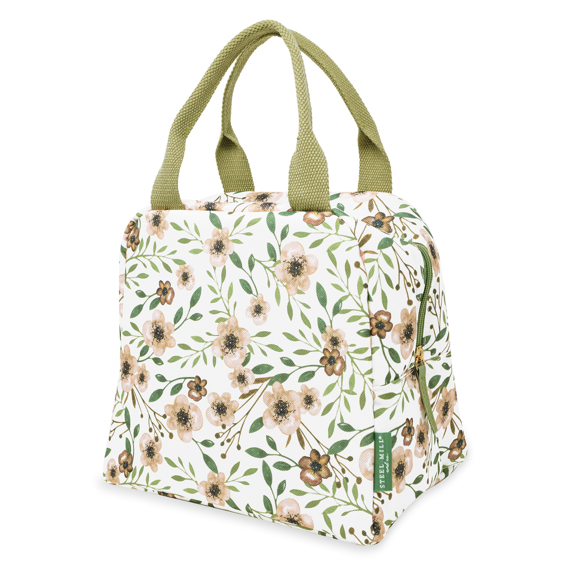 white lunch bag with pink flowers and green handle