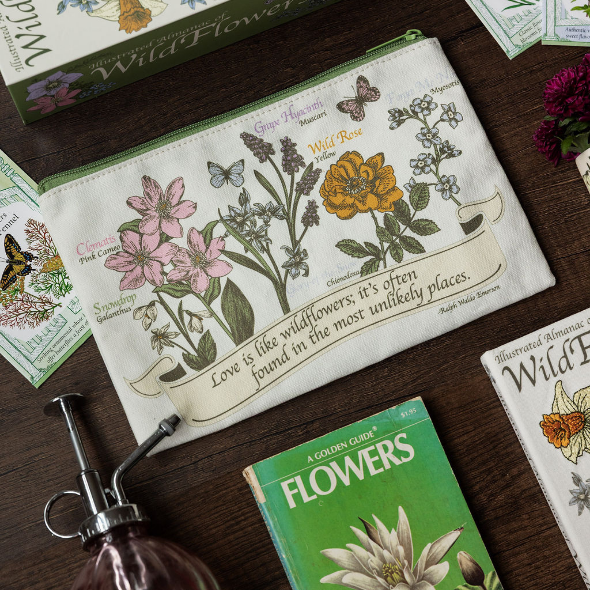 Floral-themed pouch with botanical illustrations on a wooden surface with books and a spray bottle.