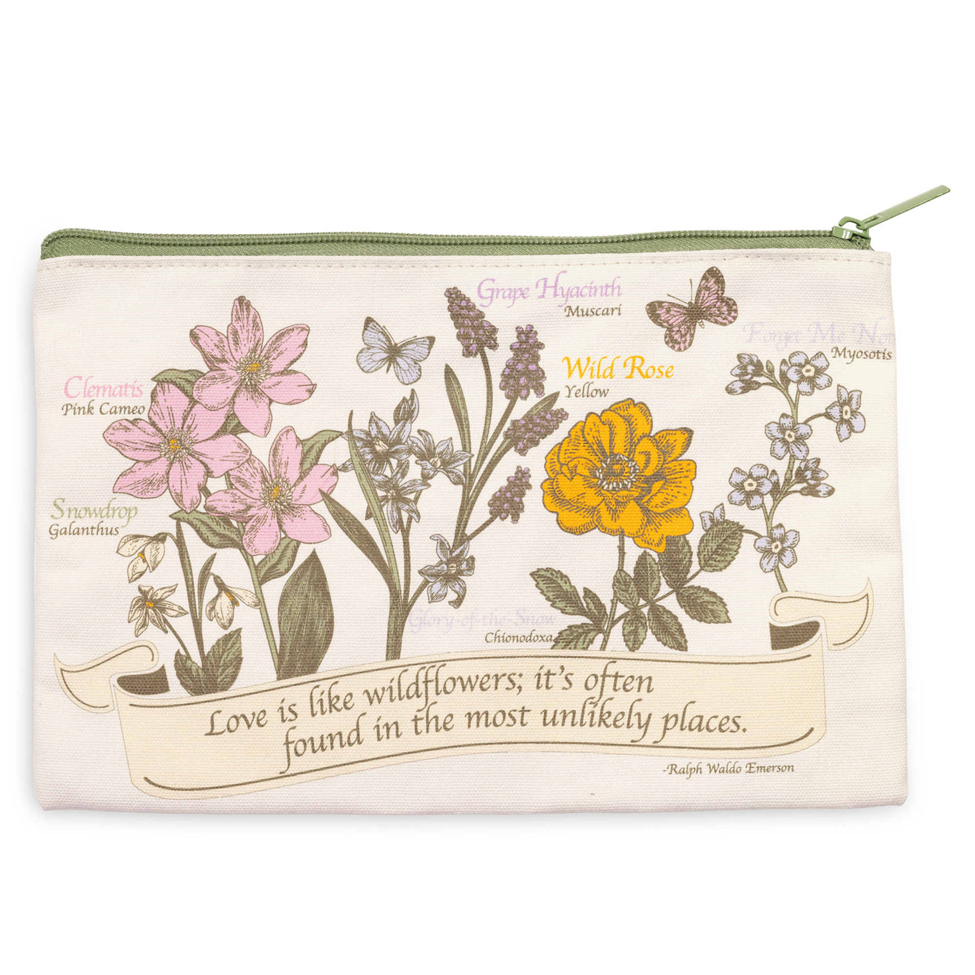 Pouch with floral design and quote on a white background