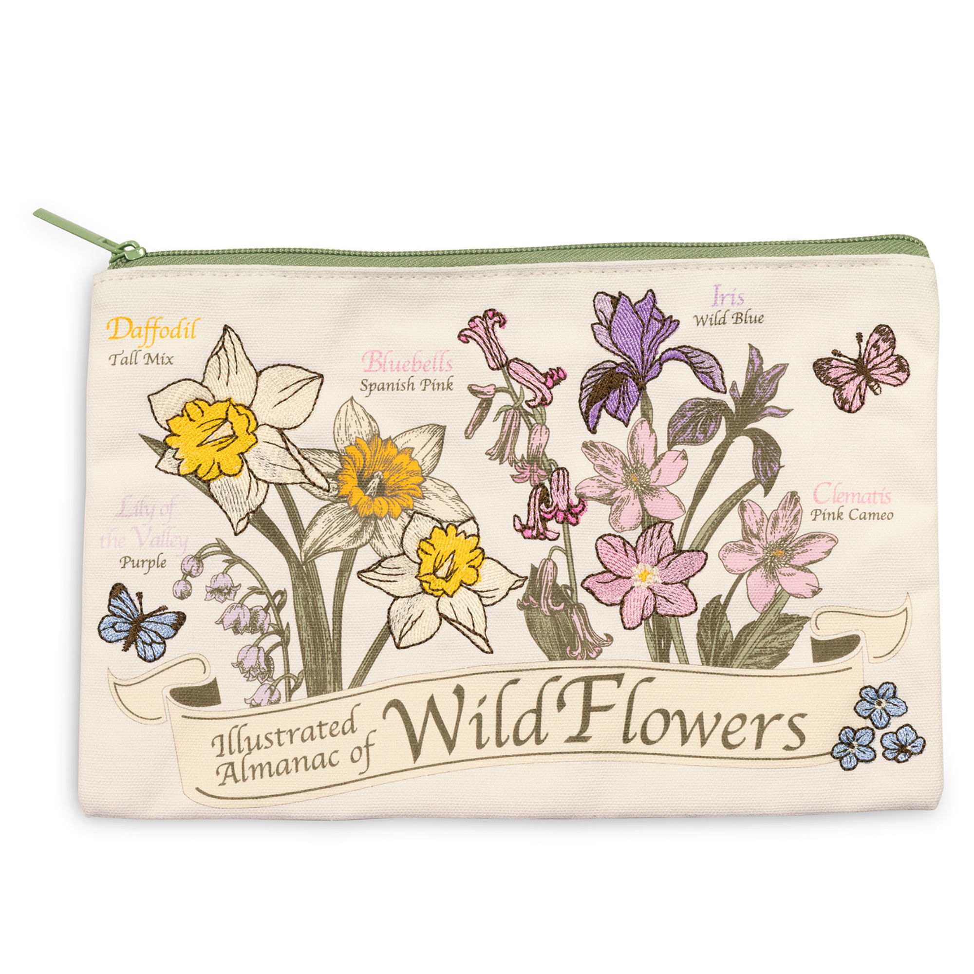Pouch with illustrated wildflowers and butterflies on a white background