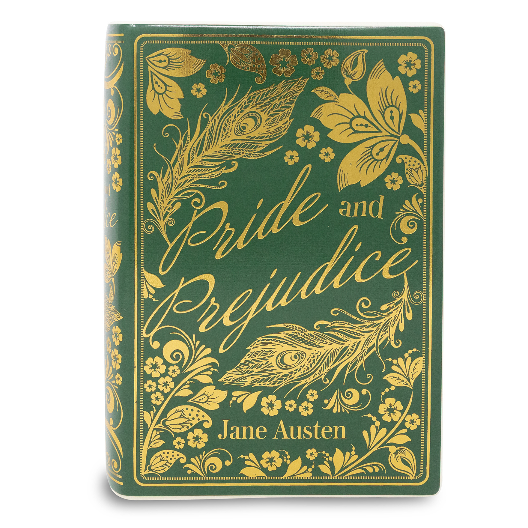 Decorative book cover of 'Pride and Prejudice' by Jane Austen with gold text and illustrations on a green background.