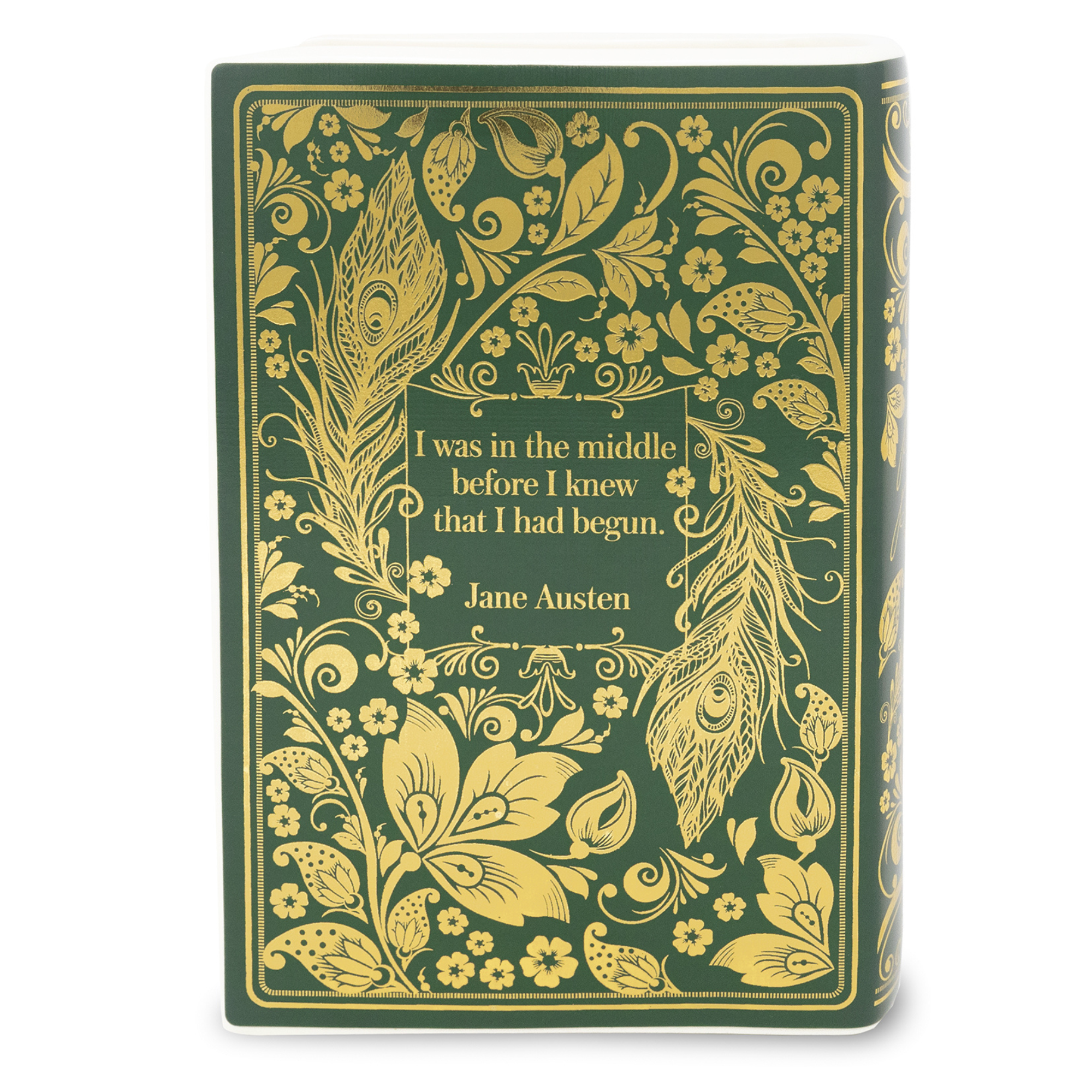 Decorative book cover with gold floral and feather design on a green background, featuring a Jane Austen quote.