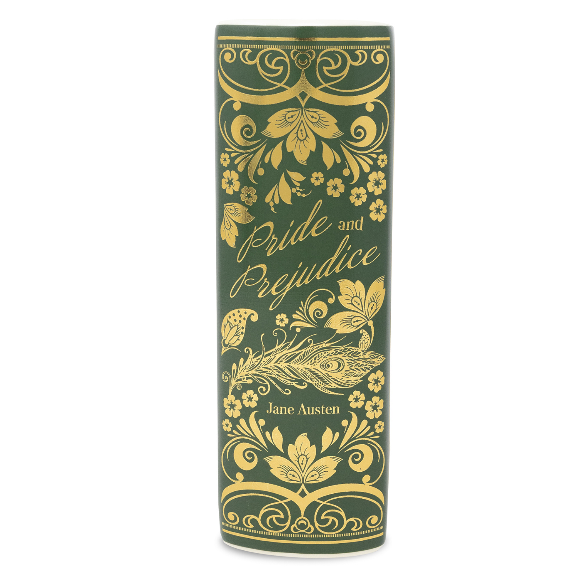 Green book with gold decorative elements and 'Pride and Prejudice' text on a white background