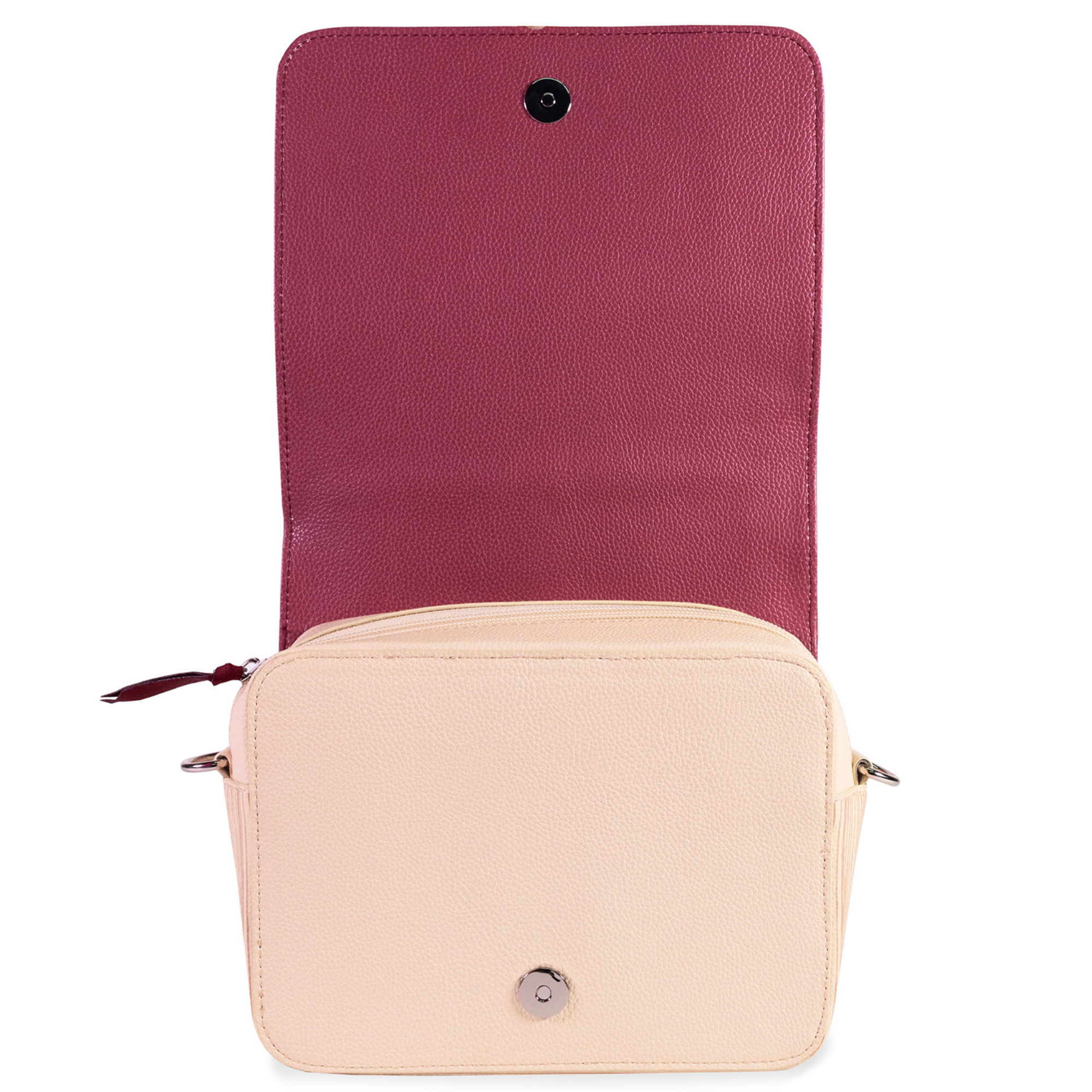 Pink leather wallet with beige crossbody bag on a white background