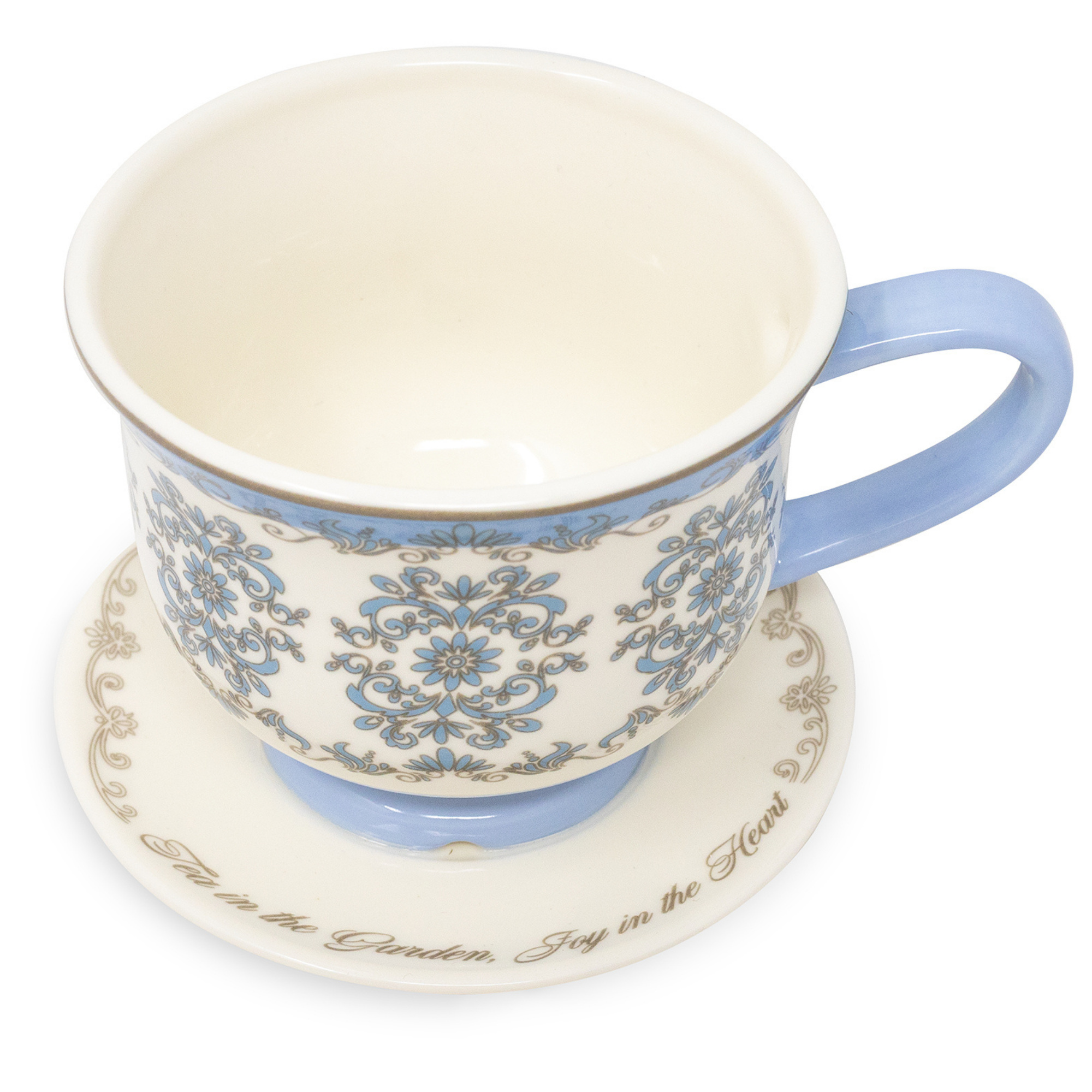 Ceramic cup and saucer with decorative patterns on a white background