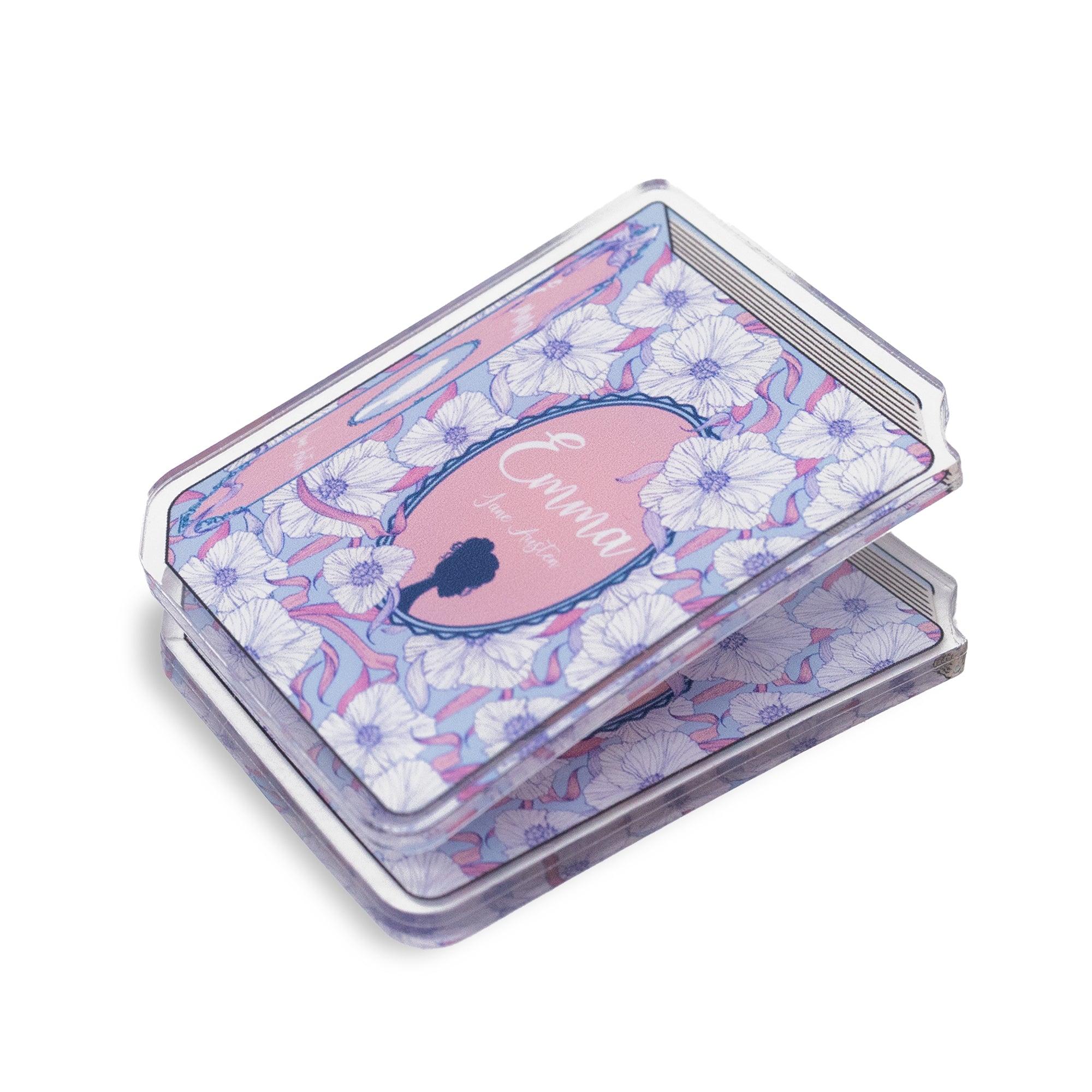 Floral design case with a pink label on a white background
