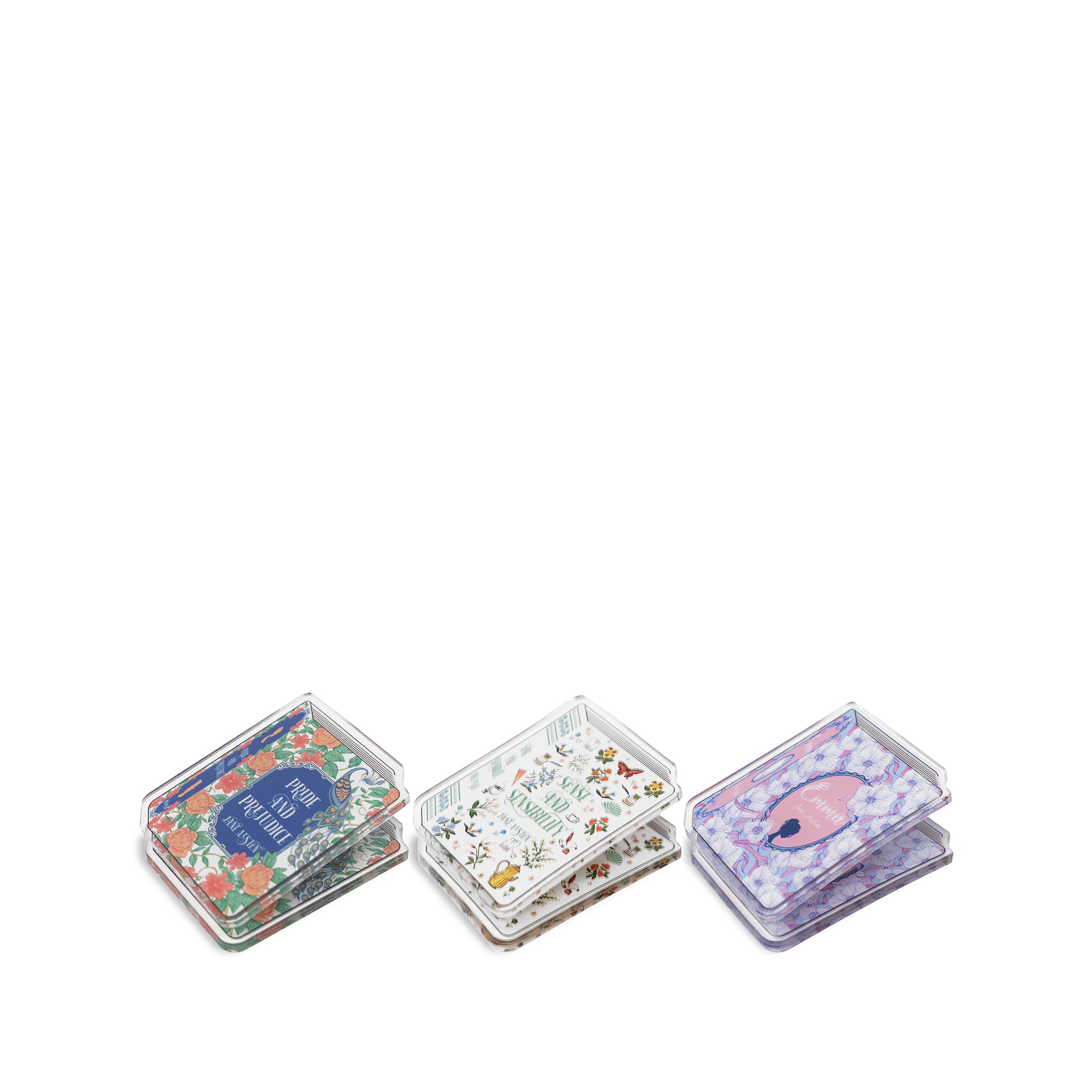 Three small document clipz with 'Pride and Prejudice' with floral and animal designs on a white background