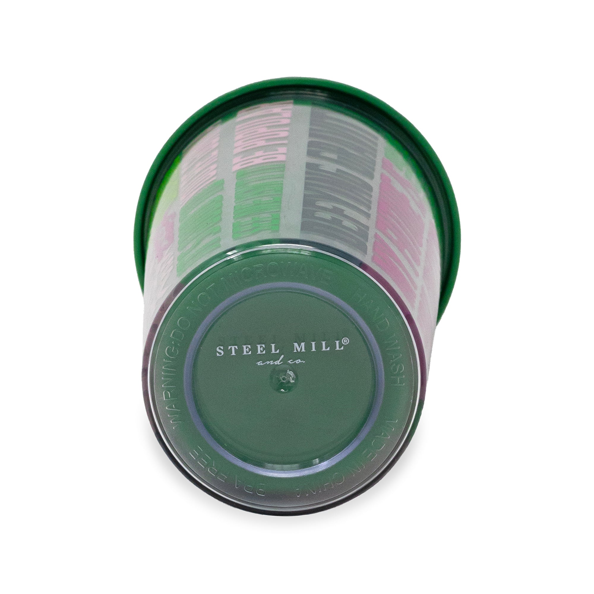 A top-down view of a Steel Mill branded green cylindrical container, showing a clear plastic window with stacked colorful product cards inside, on a white background.