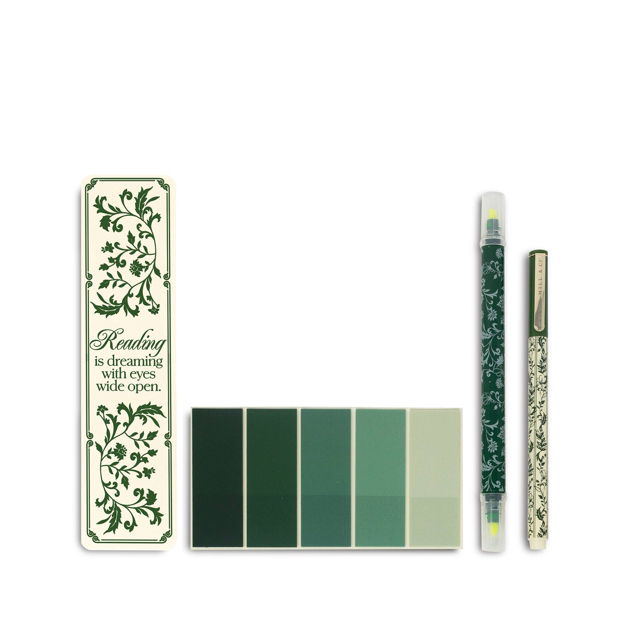 includes: bookmark, green tab notes, highlighter and pen