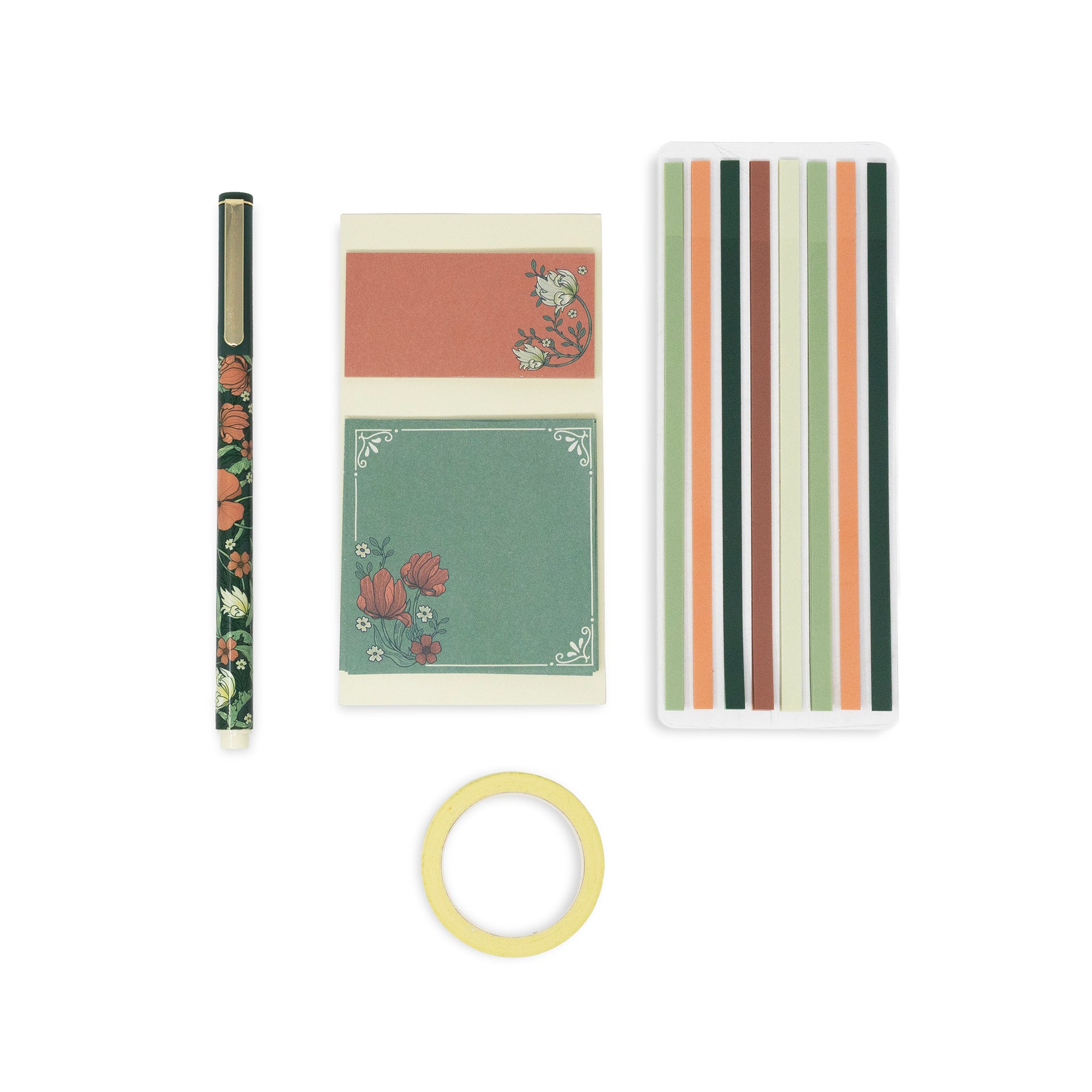 A stationery gift set featuring a floral patterned pen, a double-sided notepad with floral designs, a sheet of striped washi tape, and a roll of yellow washi tape, all arranged on a clean white background.