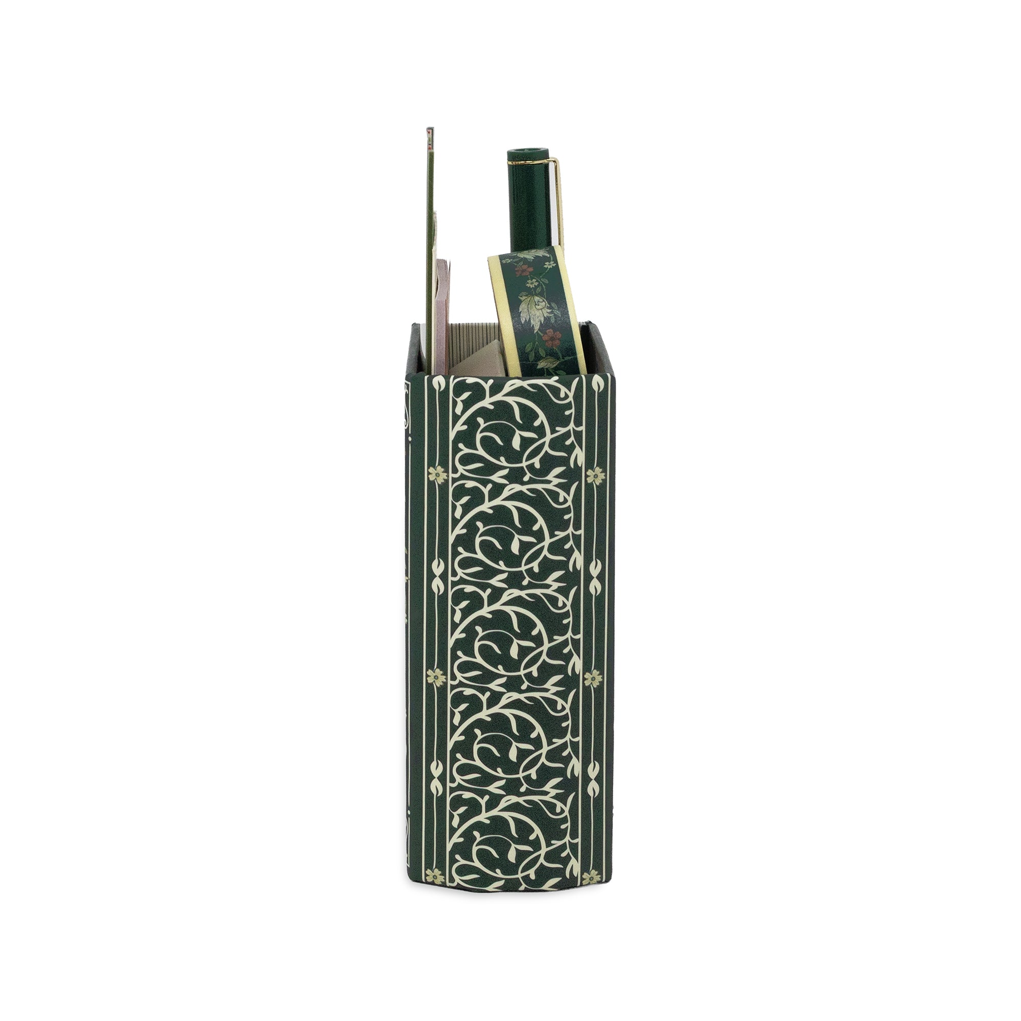 A dark green and gold decorative pen holder with an intricate floral pattern, shown holding several rolled calligraphy papers on a plain white background.