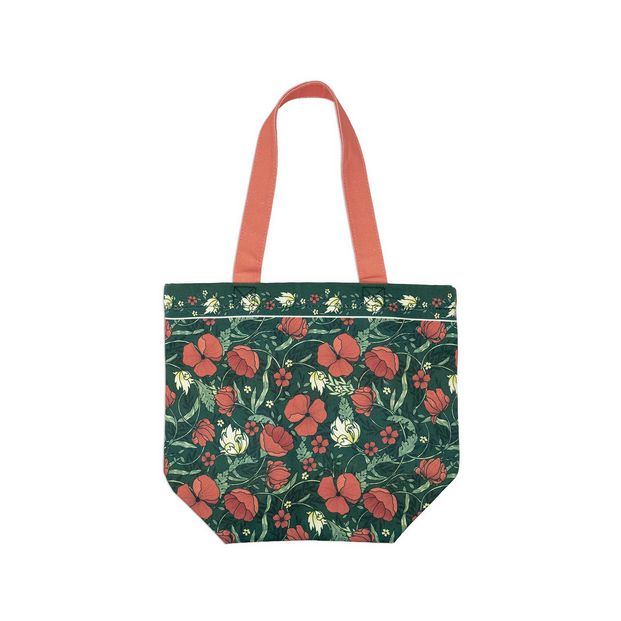 A tote bag with a dark green background and a red poppy floral pattern, featuring solid coral-orange shoulder straps, shown against a plain white background.