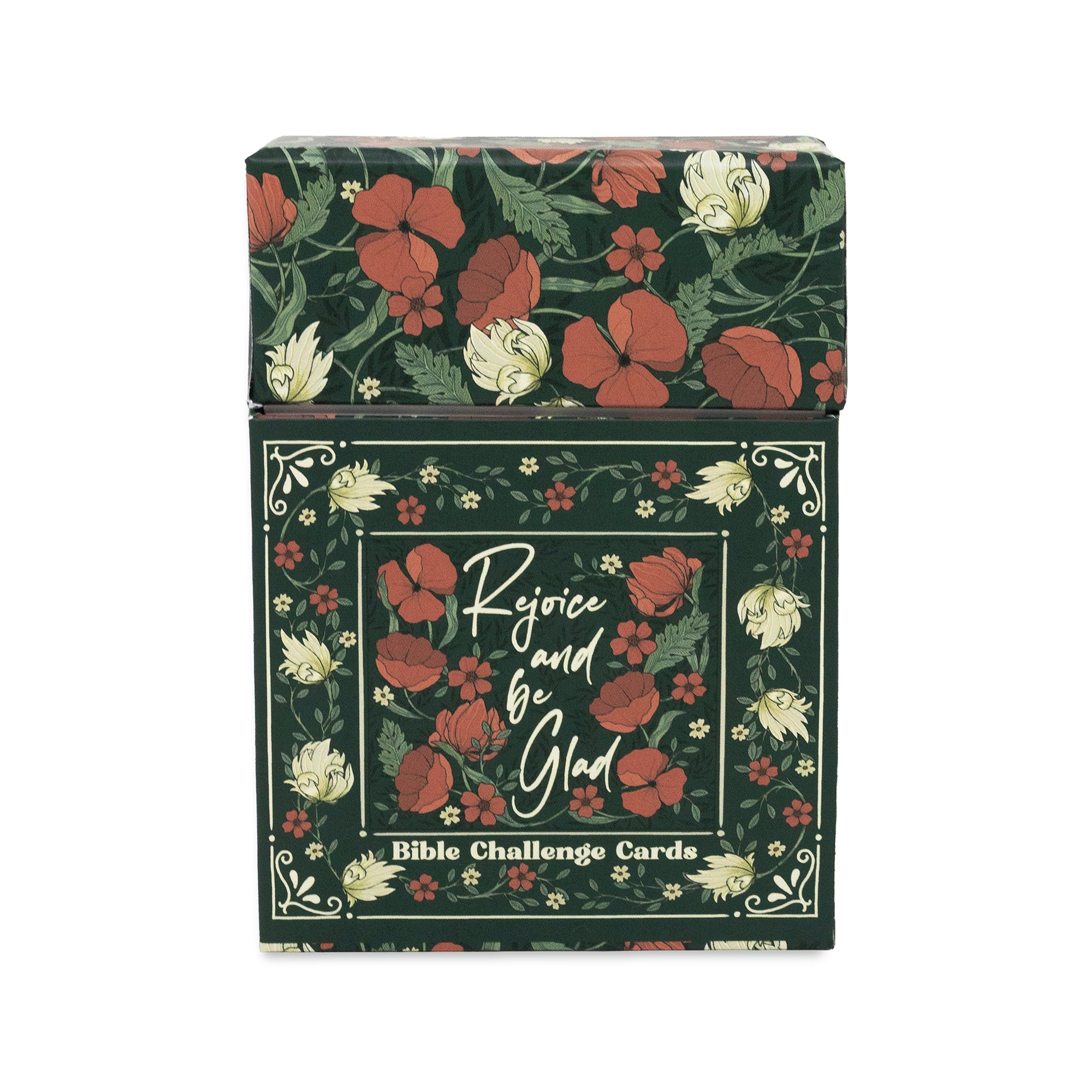 A square box of Bible Challenge Cards featuring a dark green floral pattern with red poppies, white flowers, and the text 'Rejoice and be Glad' and 'Bible Challenge Cards' on the front.