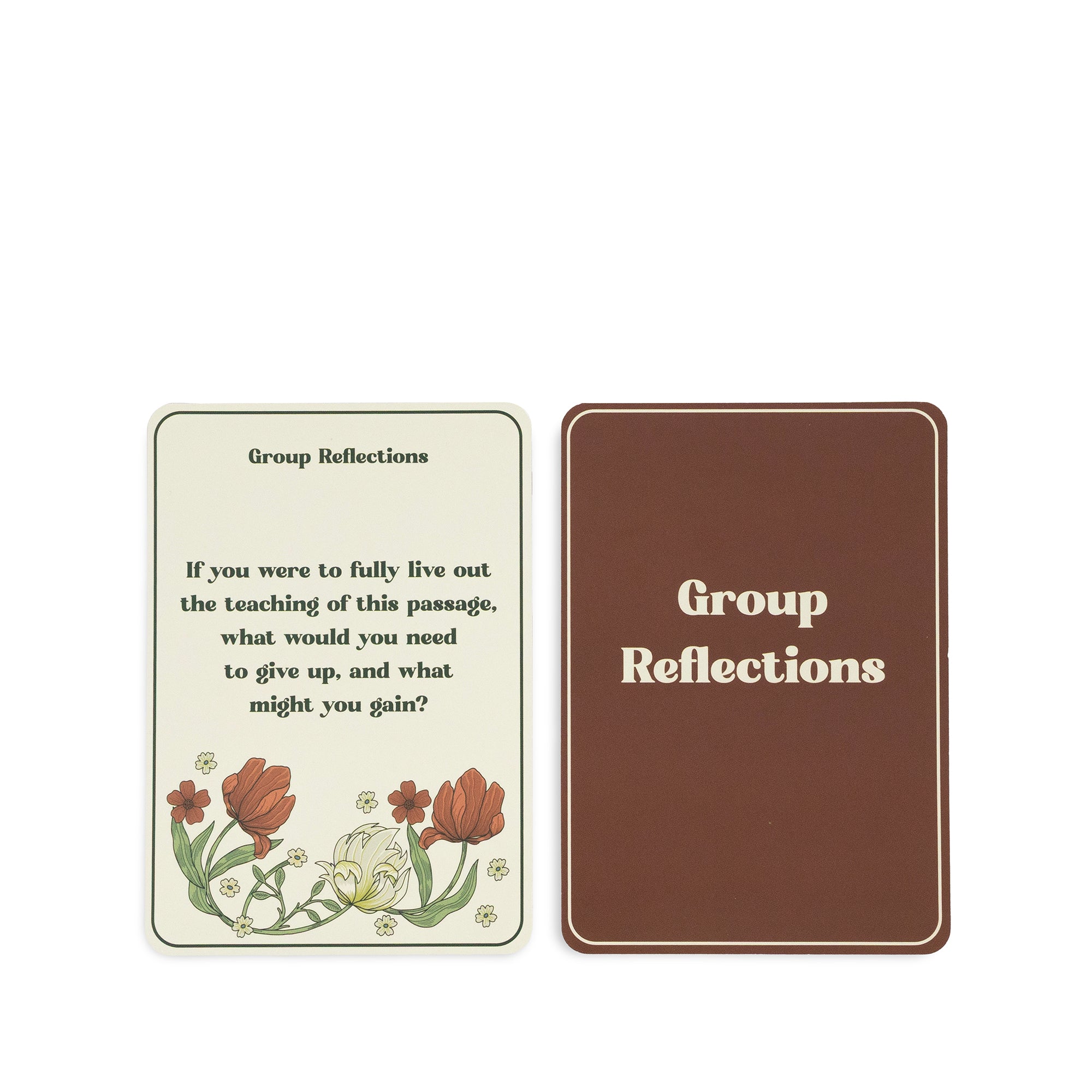 Two rectangular cards for group reflections shown side by side on a plain white background. The left card has a cream background with black text and a small floral illustration at the bottom.