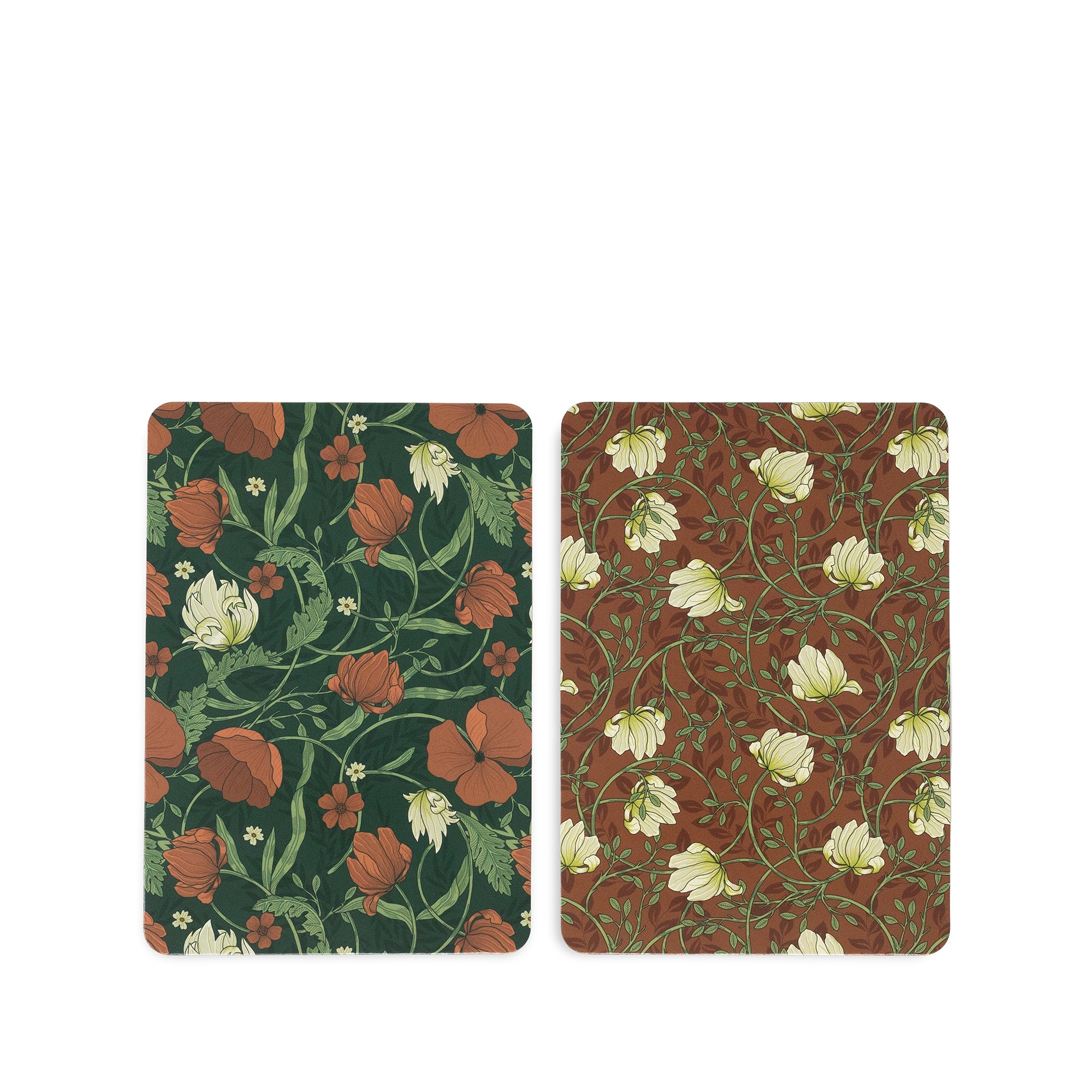 Two rectangular cards with rounded corners displayed side by side on a white background. The left one has a dark green floral pattern with orange-red flowers and green leaves.