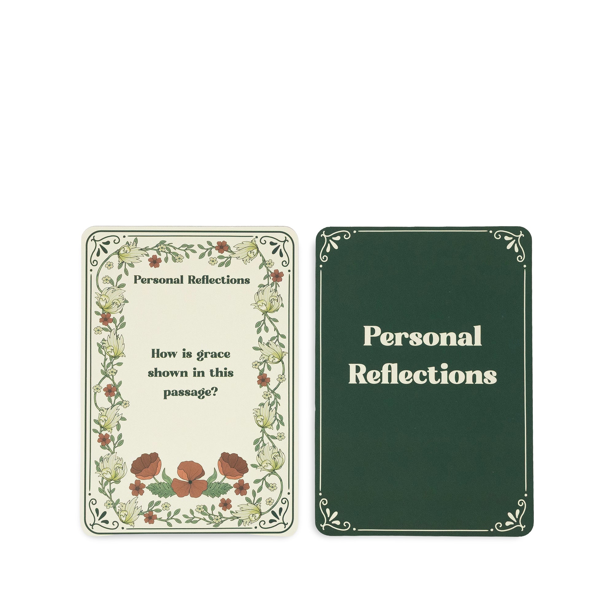 Two rectangular cards on a plain white background. The left card has a cream background with a floral border and the text 'Personal Reflections How is grace shown in this passage?'.