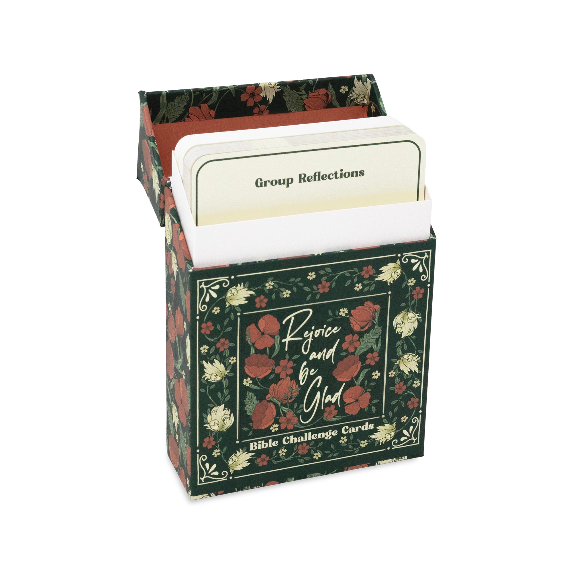 A decorative card box labeled 'Rejoice and be Glad' and 'Bible Challenge Cards,' shown open with several cards visible inside on a plain white background.