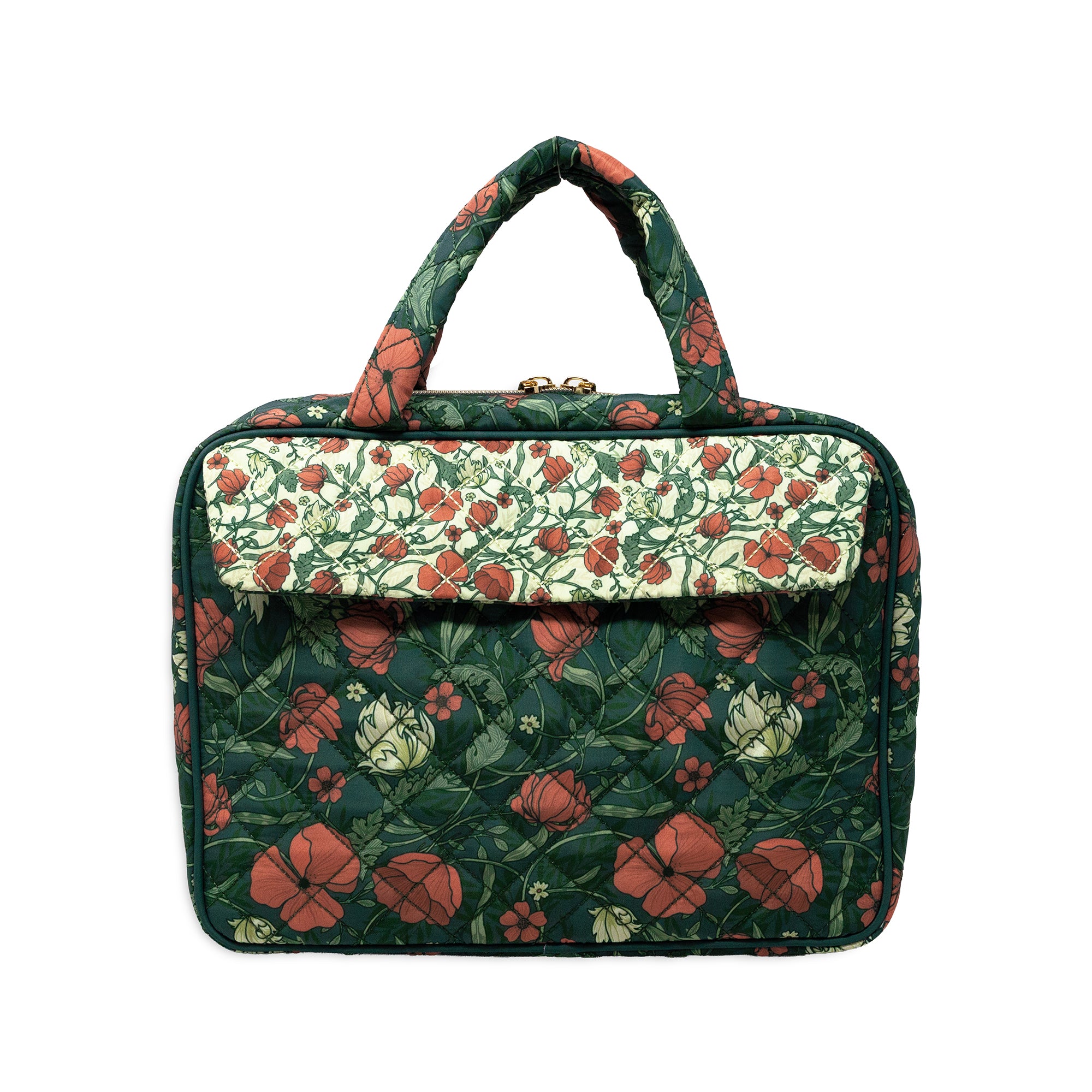 A quilted fabric tote bag featuring a dark green floral print with red poppies and a contrasting cream floral panel on the front flap, set against a plain white background.