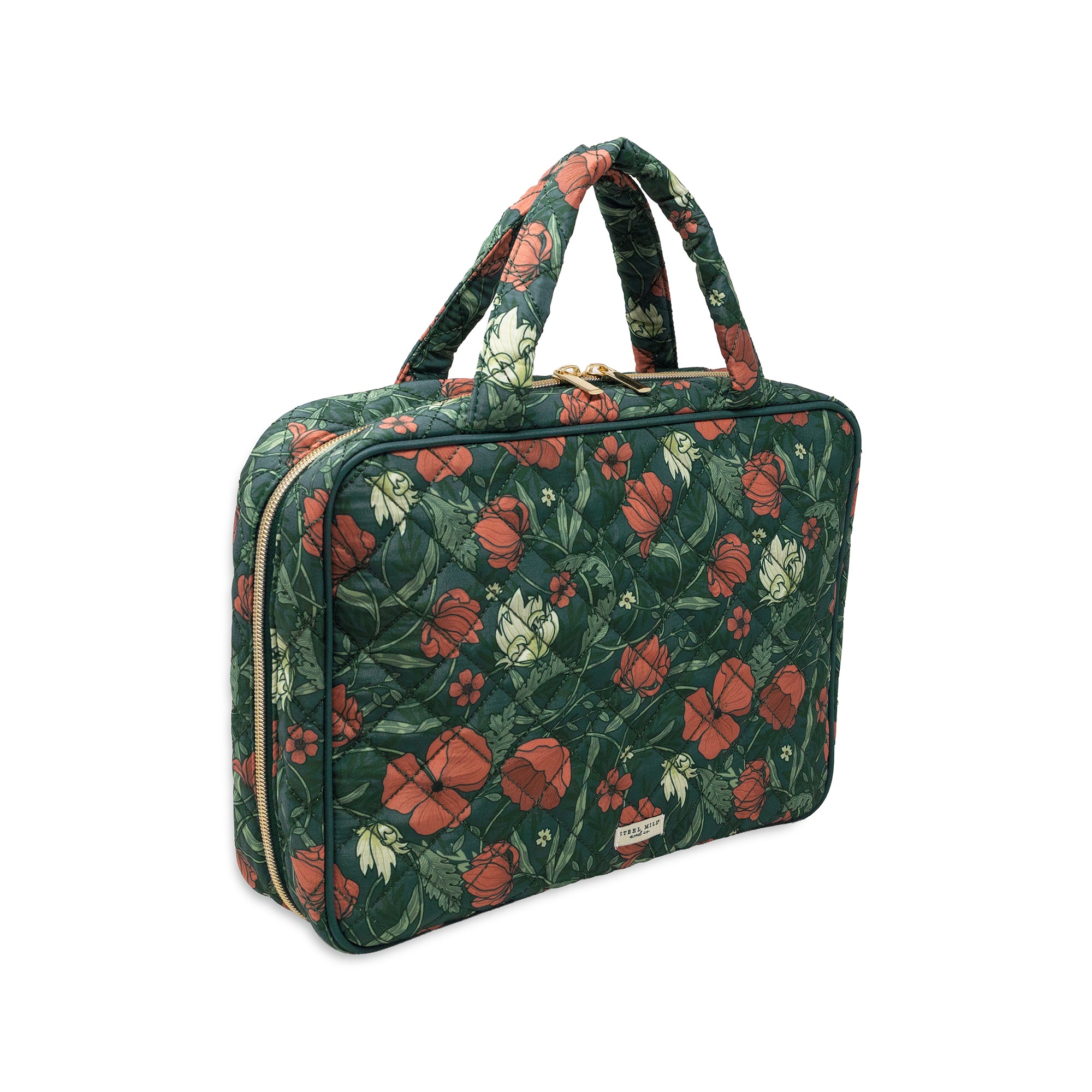 A green floral tote bag with red poppy and white flower patterns, featuring dual top handles and a gold zipper, shown on a plain white background.