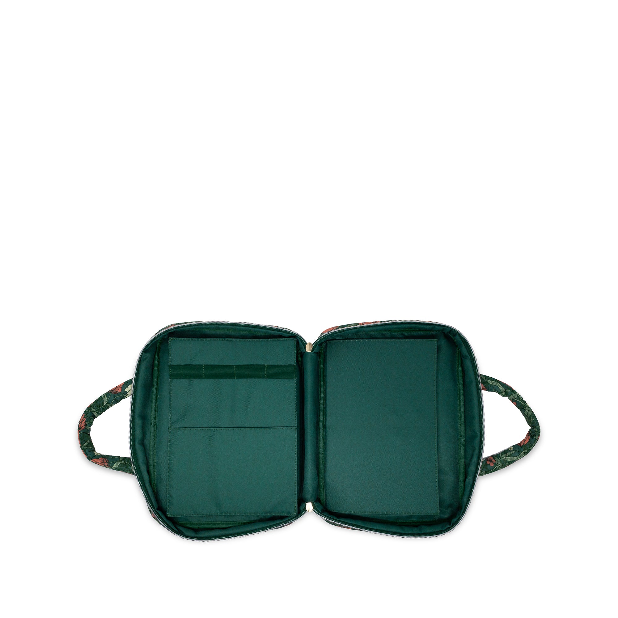 An open dark green zippered organizer case with two handles, shown from a top-down view on a solid white background.