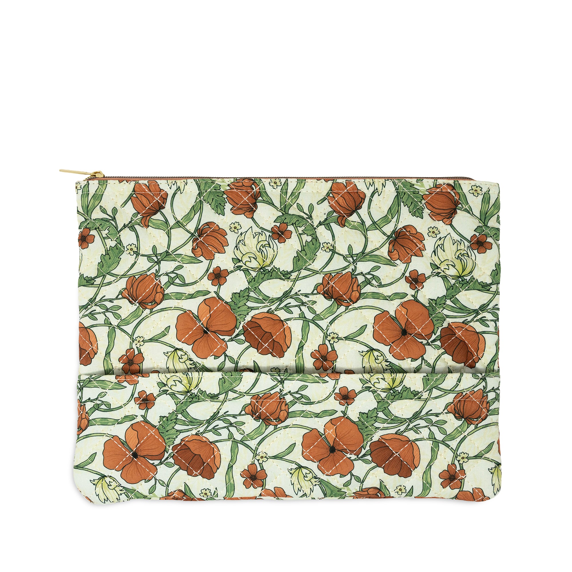 A rectangular zippered pouch featuring a vintage botanical pattern of orange-brown flowers and green vines on a cream background, with a gold zipper.