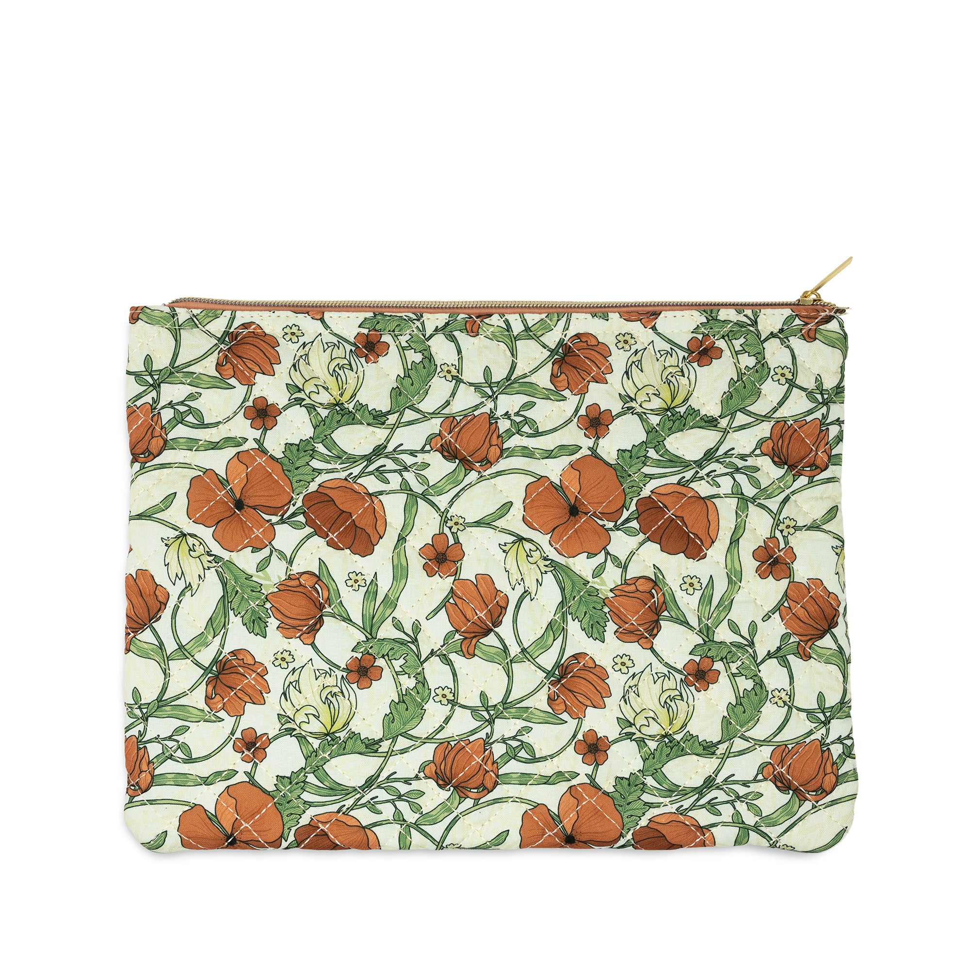 A flat zip pouch with a cream background and a dense botanical pattern of orange poppies, white flowers, and green vines, finished with a gold-tone zipper.
