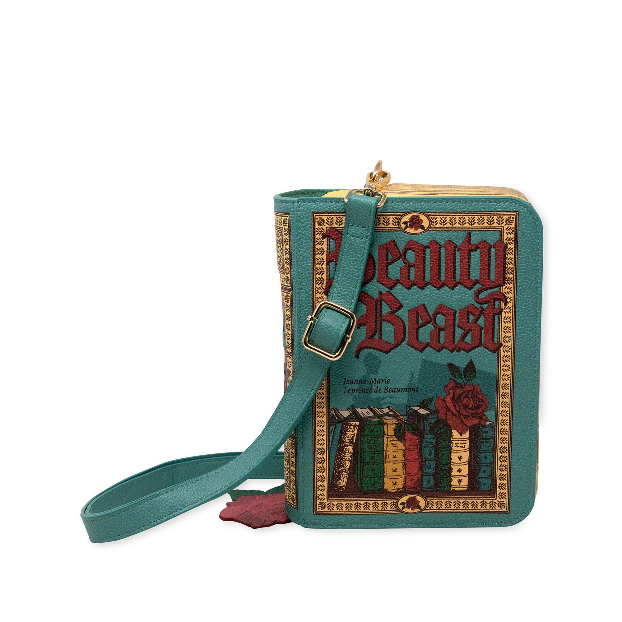 teal beauty and the beast book shaped crossbody bag with strap