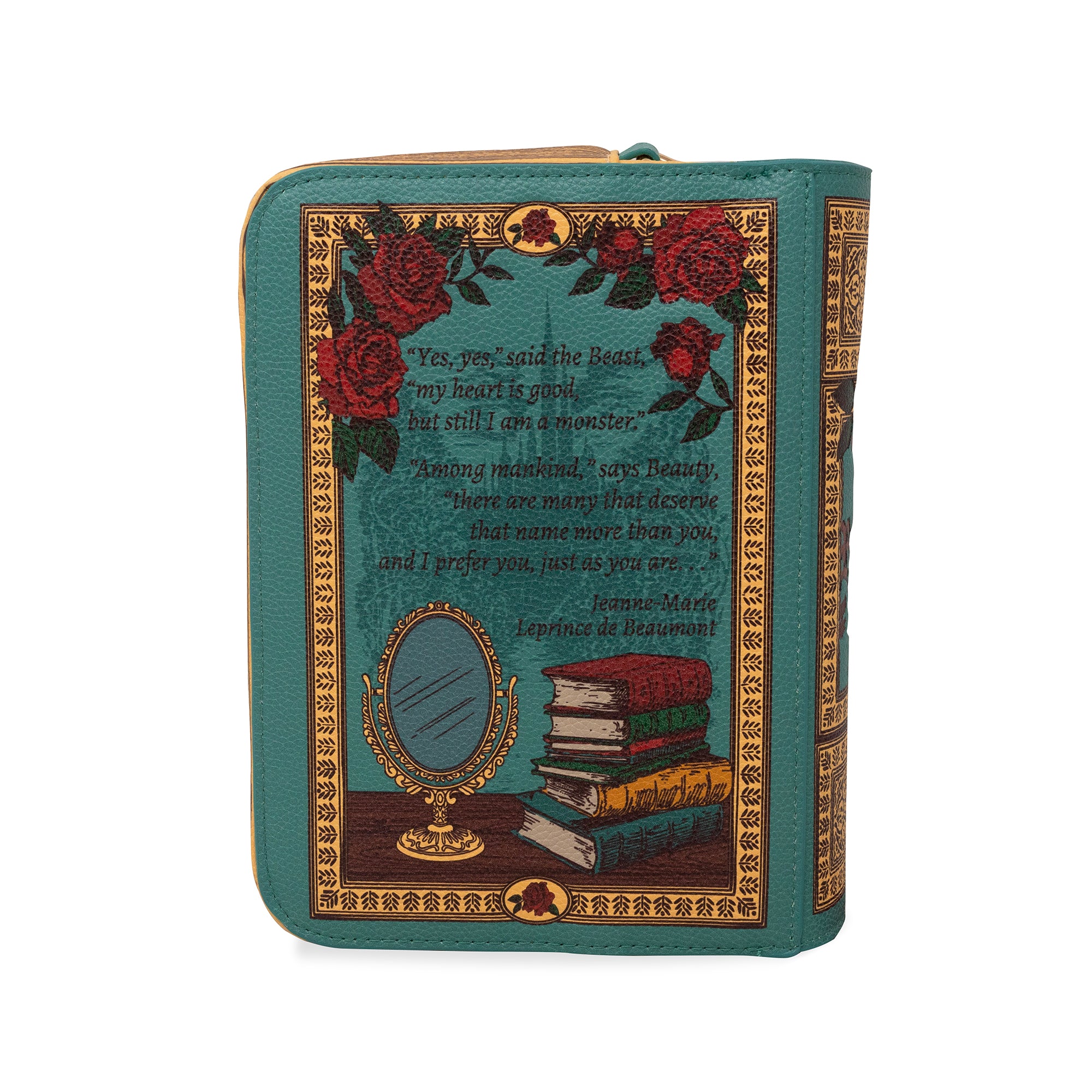 back view of teal beauty and the beast book shaped crossbody bag
