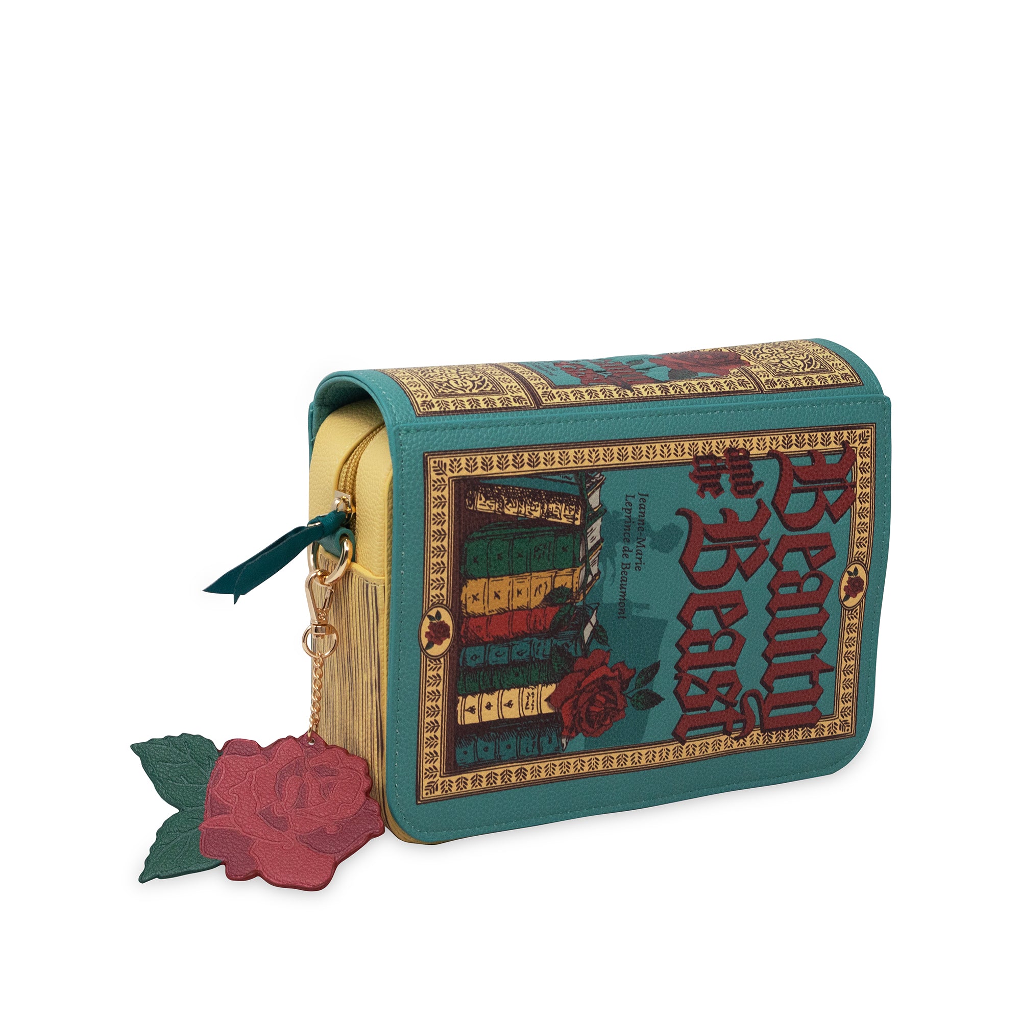 side view of teal beauty and the beast book shaped crossbody bag