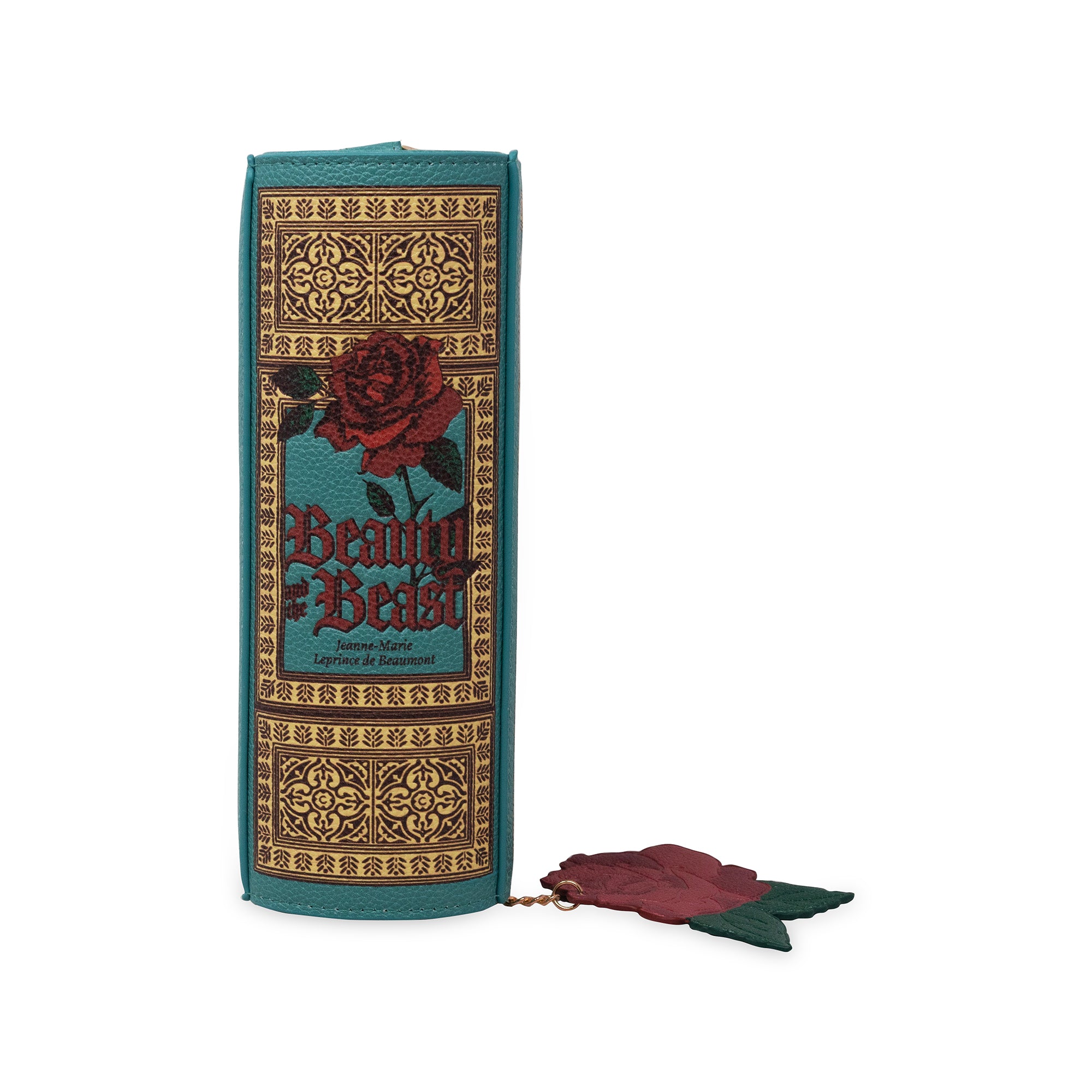 spine of teal beauty and the beast book shaped crossbody bag