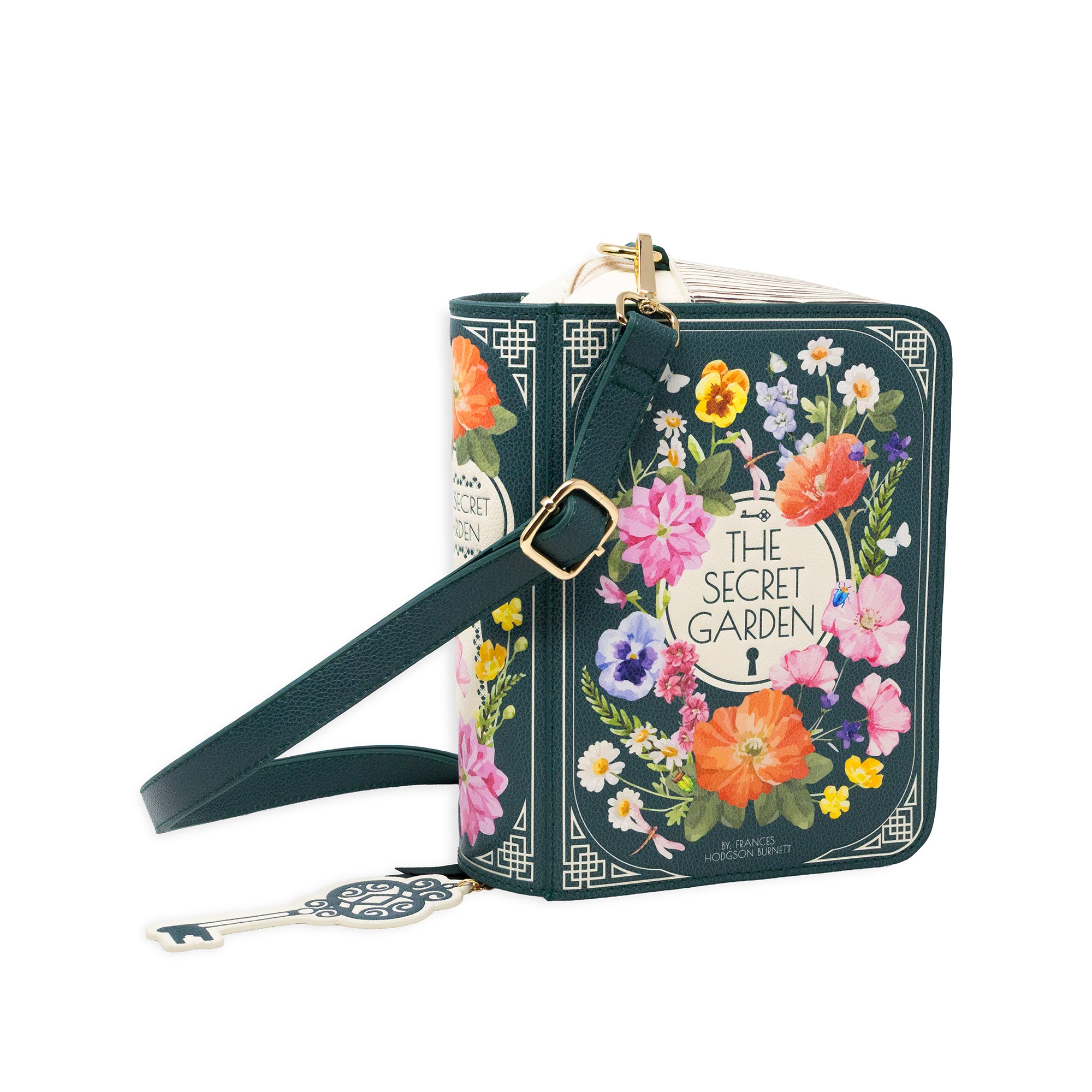 A dark teal crossbody bag featuring a colorful floral wreath design with the text 'THE SECRET GARDEN' and a silver key charm, shown on a plain white background.