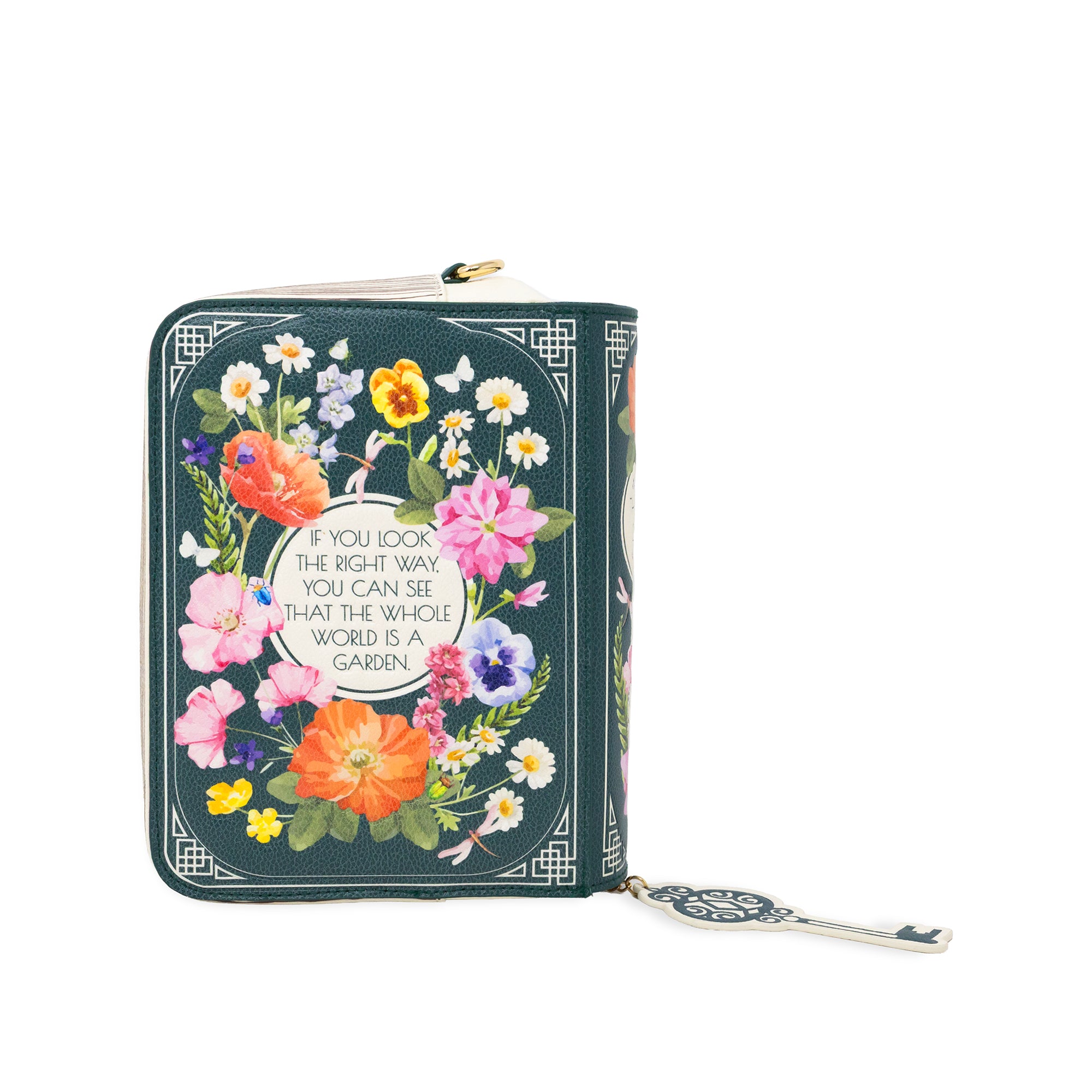 A dark teal zip-around wallet decorated with a colorful floral pattern and a central white oval containing the quote, 'IF YOU LOOK THE RIGHT WAY YOU CAN SEE THAT THE WHOLE WORLD IS A GARDEN.'.