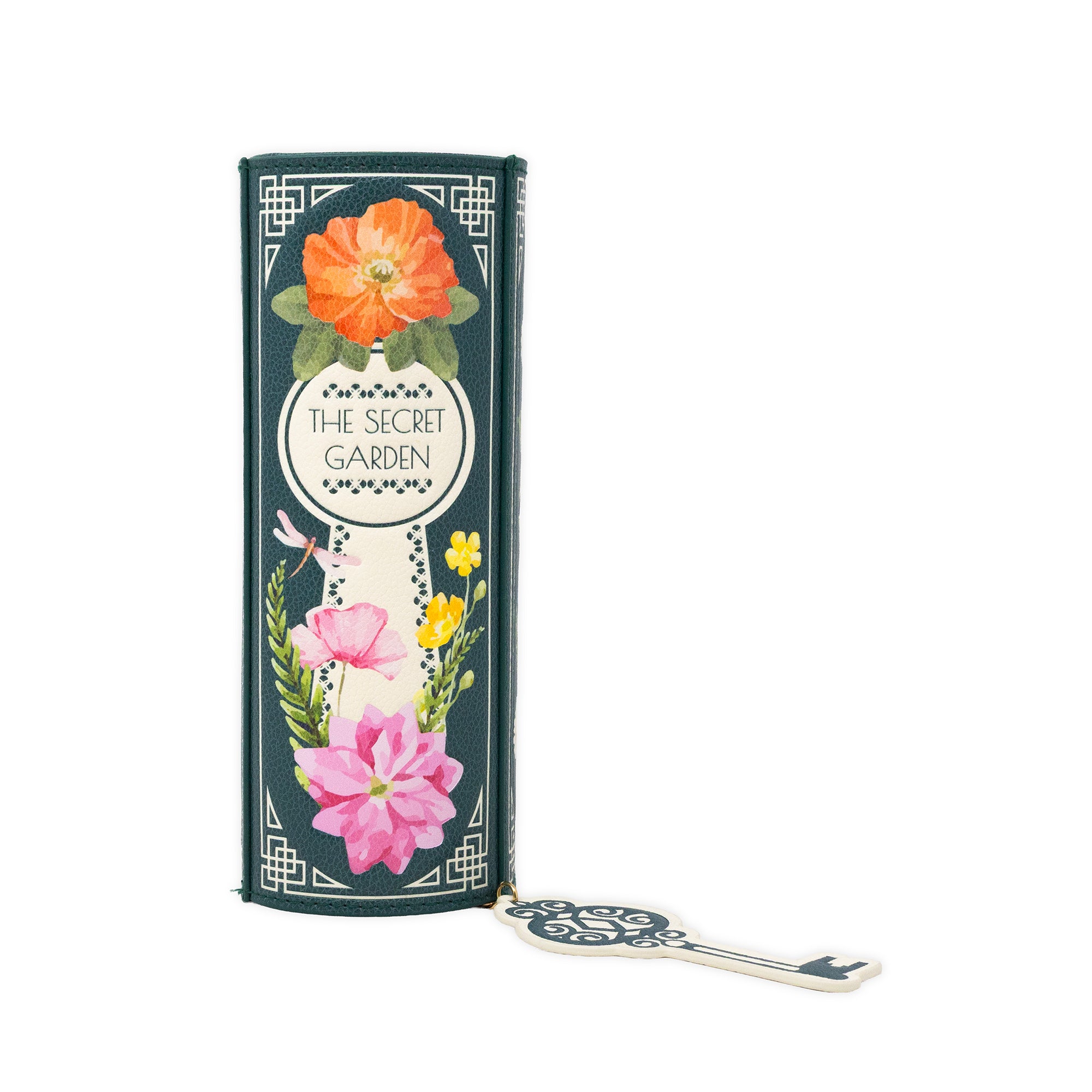 The Secret Garden zippered pouch with a decorative floral illustration and a silver key attached, shown on a plain white background.
