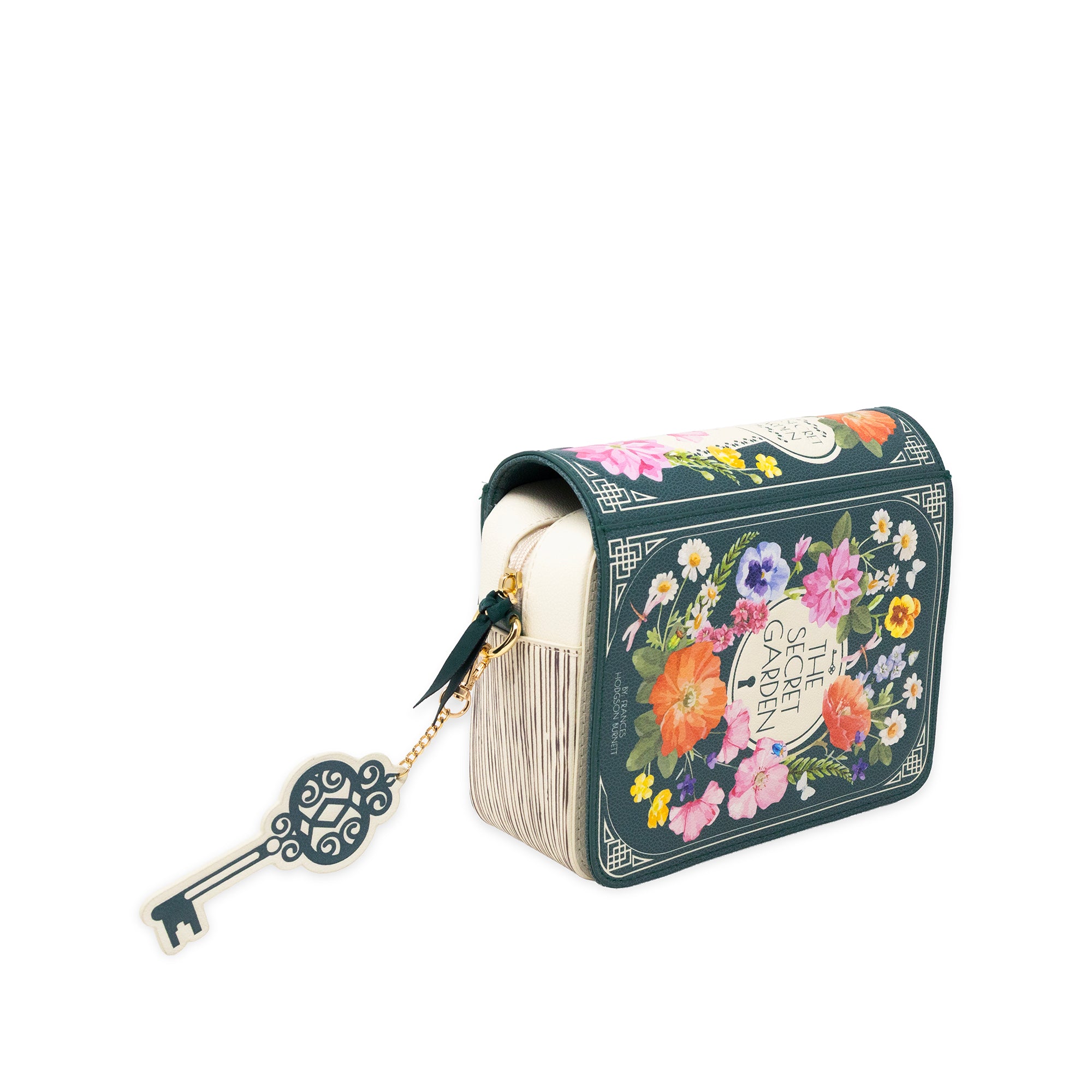 A decorative book-shaped bag with a floral cover, cream-colored page edges, and a dangling ornate key charm, shown on a plain white background.