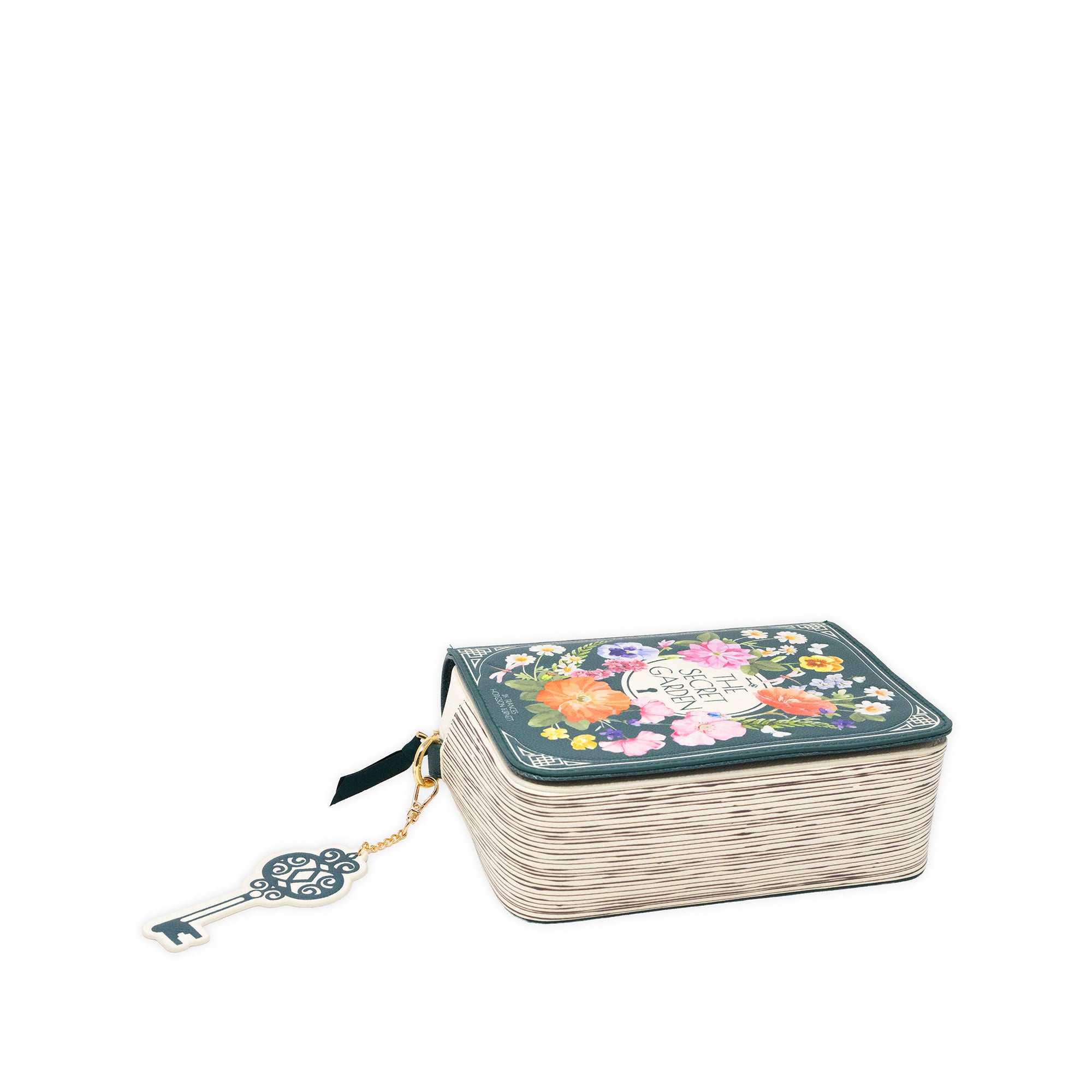 A rectangular bag with a floral printed lid and a hanging decorative key charm, shown on a plain white background.