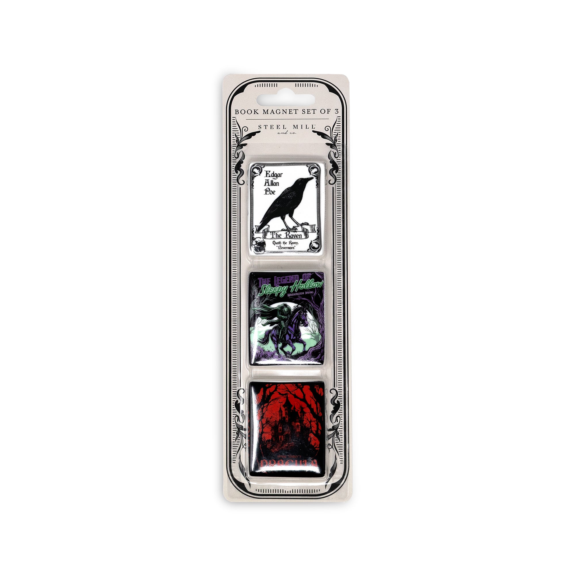 packaged three gothic-themed square magnets arranged on a plain white background: one with a black raven and the text 'Edgar Allan Poe' and 'The Raven'; one with a dark horse figure and the text 'The Legend of Bloody Hallow'; one with a red haunted-house illustration and the text 'Dracula'.