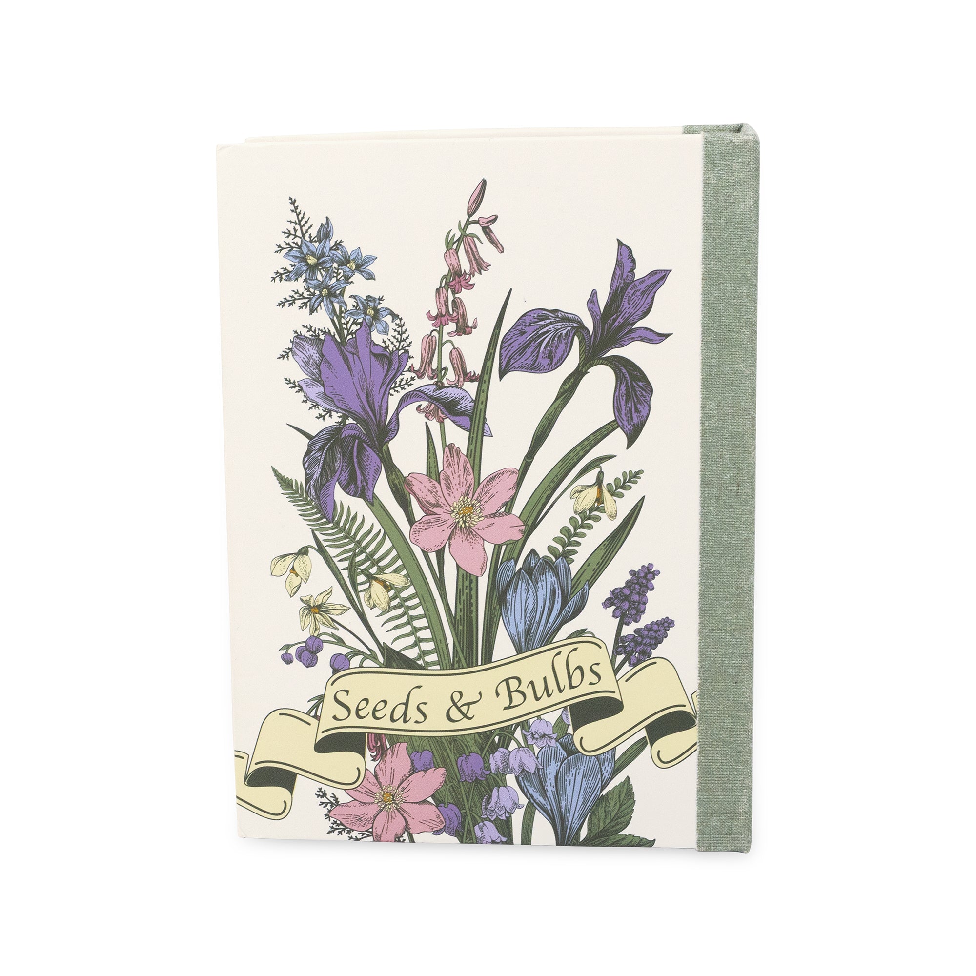 Notebook with floral design and 'Seeds & Bulbs' text on a white background