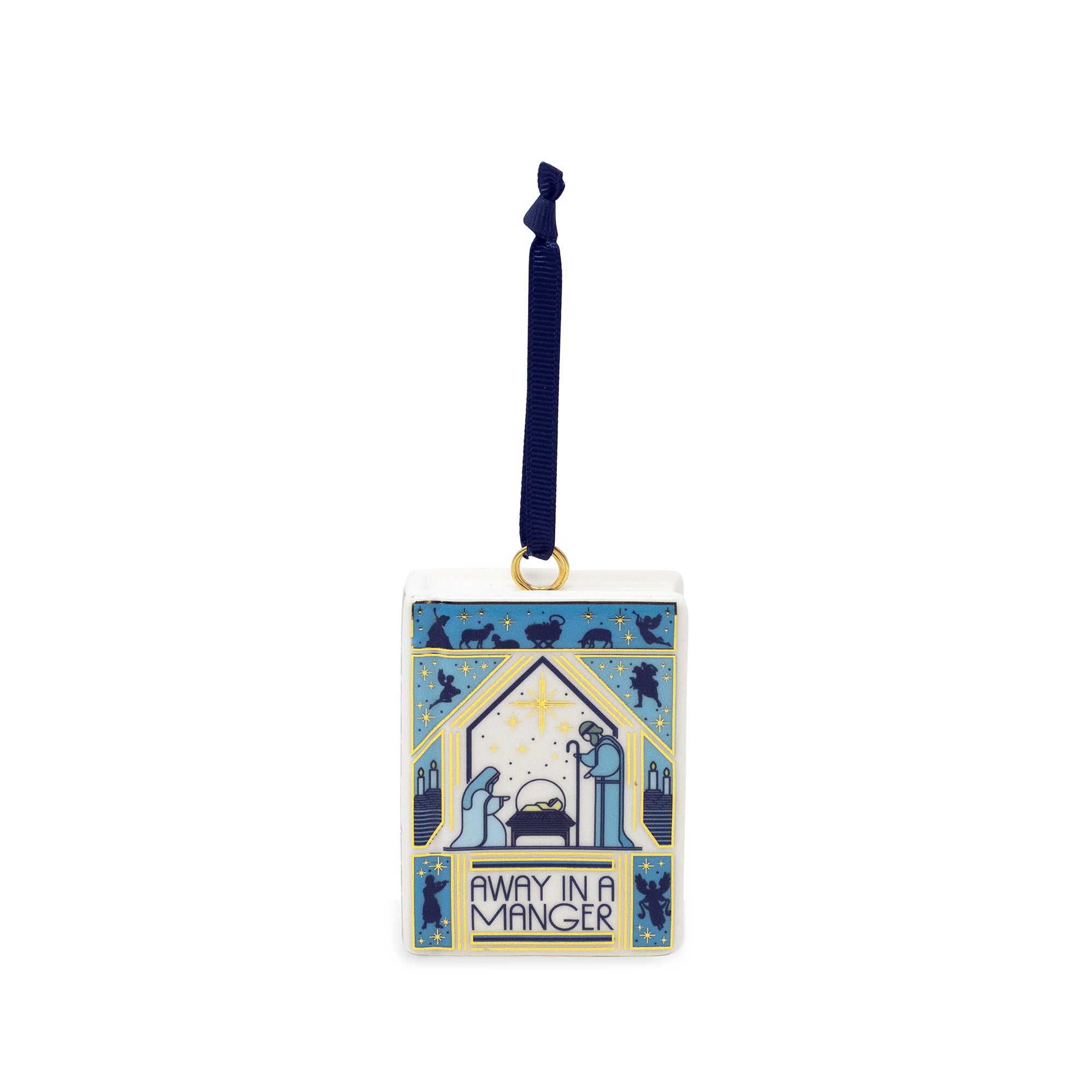 A square ceramic Christmas ornament featuring the poem 'Away in a Manger' in stylized blue, yellow, and cream illustration, hanging from a dark navy ribbon with a gold loop, on a plain white background.