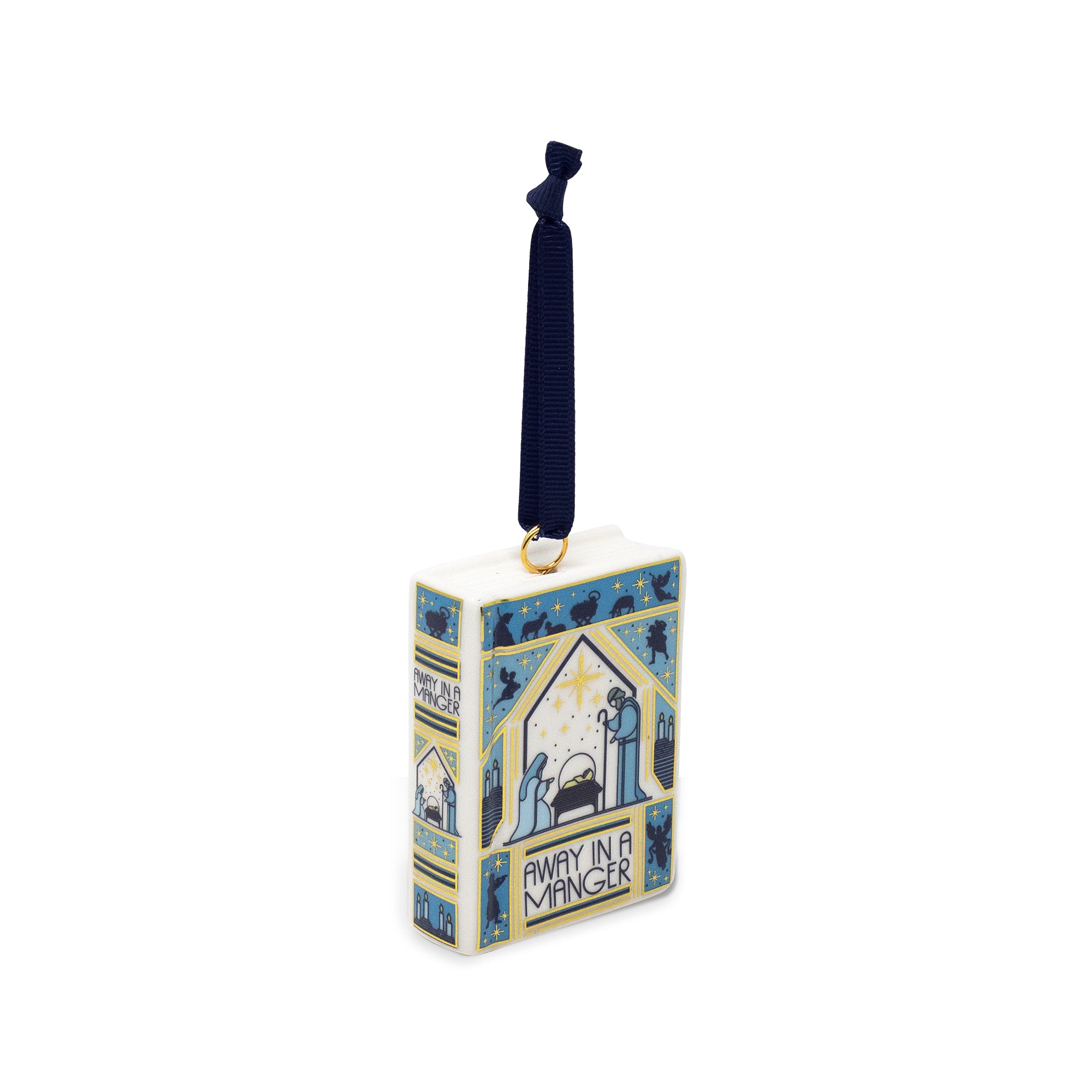A rectangular hanging ornament with a dark blue ribbon loop, featuring a cream background with blue and gold decorative borders and printed text about the Holy Trinity, shown on a plain white background.