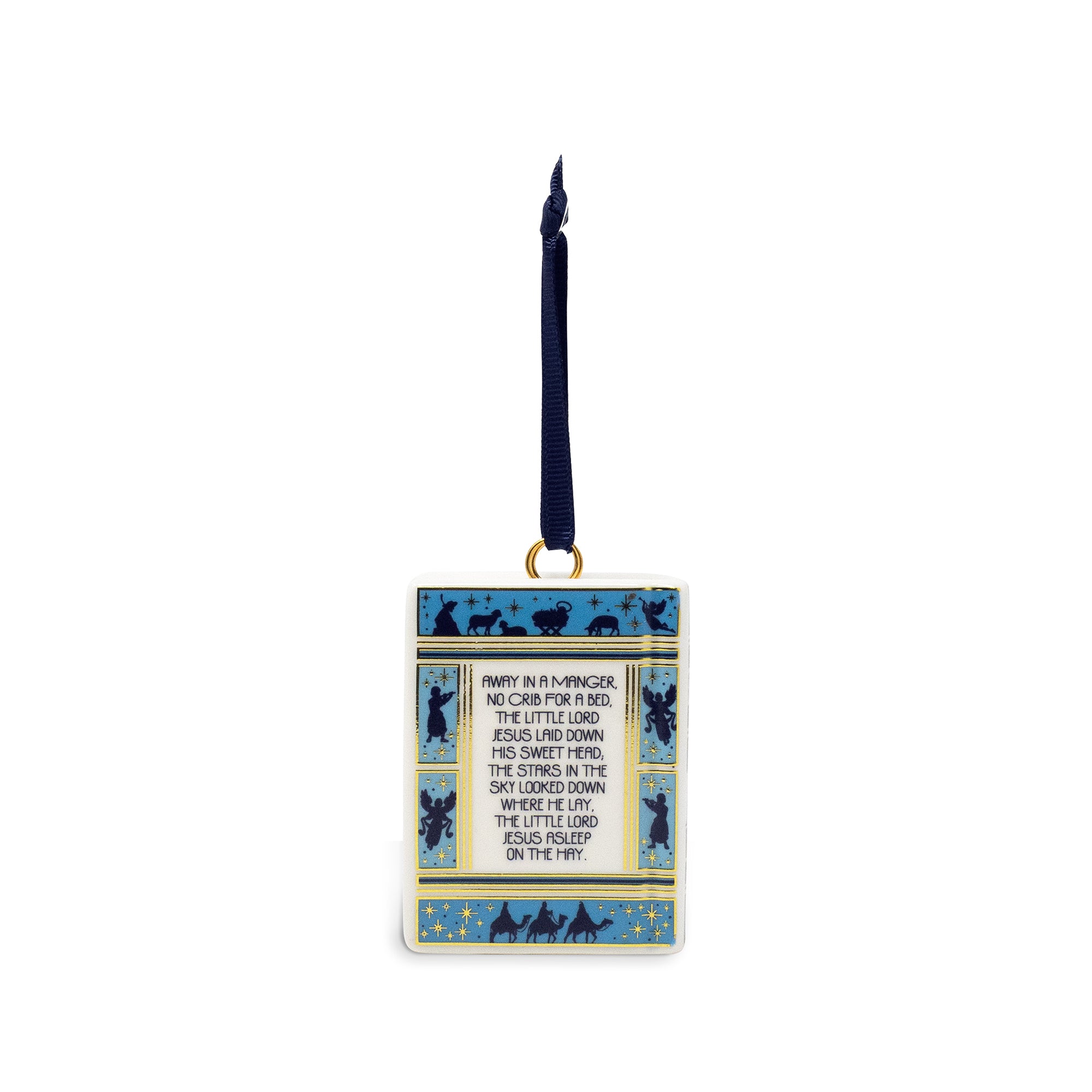 A rectangular hanging ornament with a dark blue ribbon loop, featuring a cream background with blue and gold decorative borders and printed text about the Holy Trinity, shown on a plain white background.