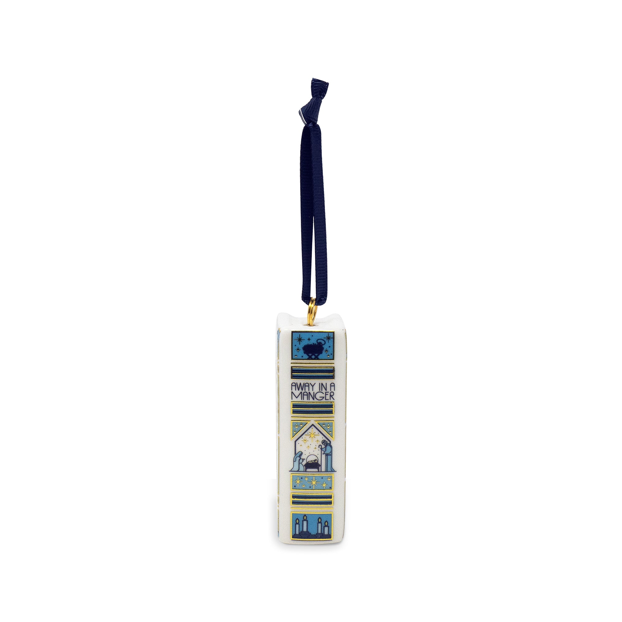 A rectangular hanging ornament with a dark blue ribbon loop, featuring a cream background with blue and gold decorative borders and printed text about the Holy Trinity, shown on a plain white background.