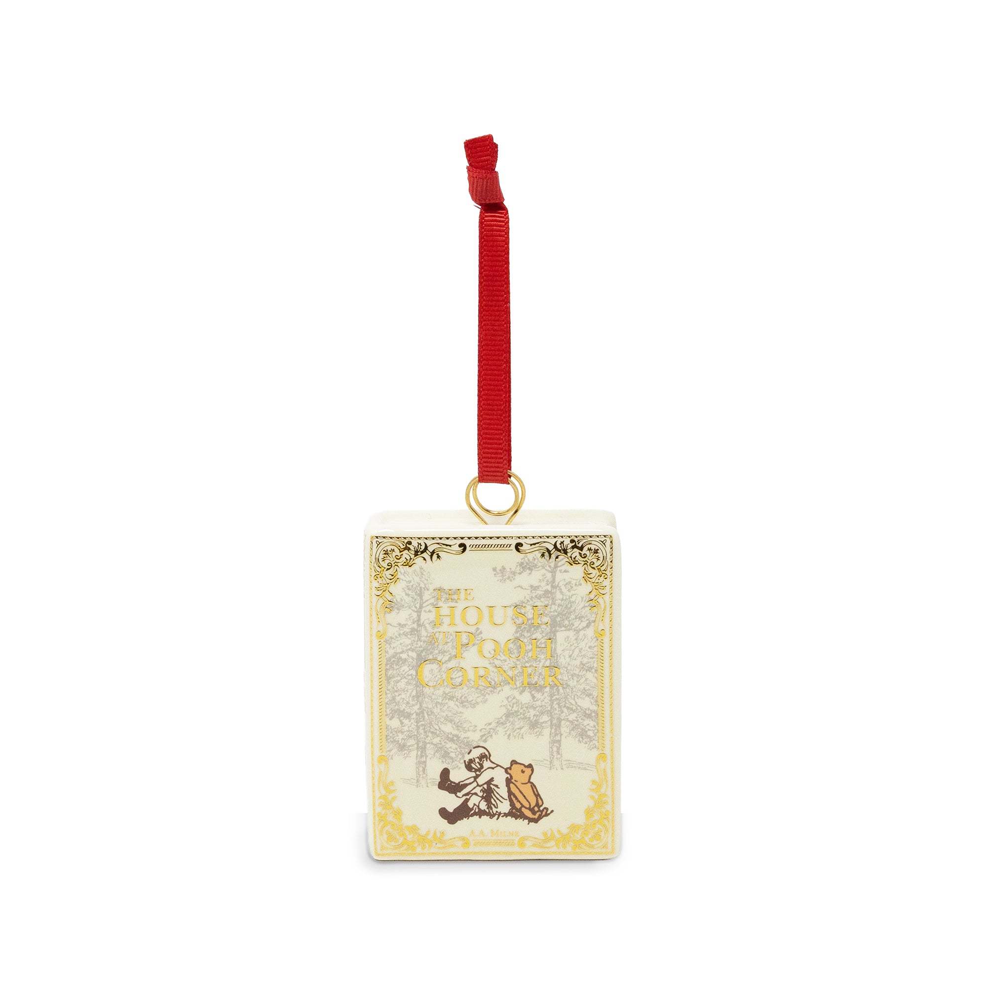 A decorative hanging ornament shaped like a vintage book cover, with a red ribbon loop at the top, gold decorative border details, and a small illustrated scene near the bottom. The cover text reads 'The House of Small Things.
