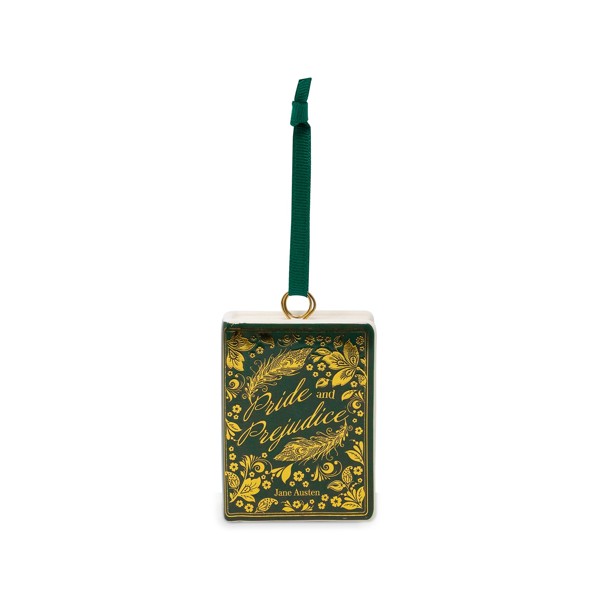 A square Christmas ornament styled like a vintage book cover, featuring 'Pride and Prejudice' in gold script on a dark green background with gold floral illustrations. It has a white top border, a gold hanging ring, and a dark green ribbon loop at the top.