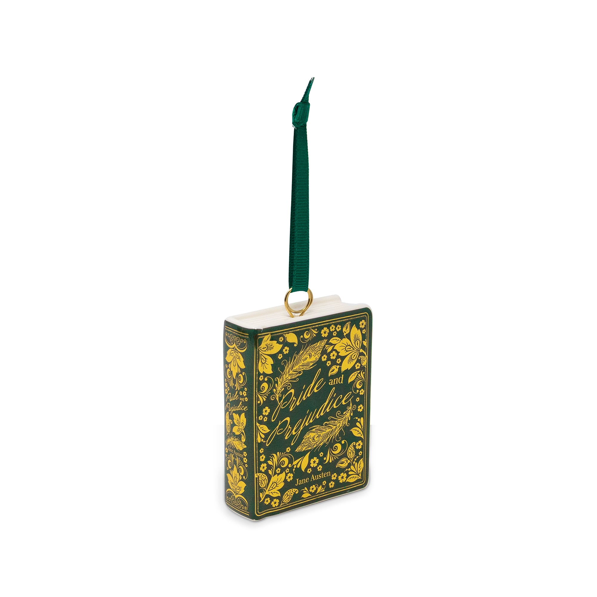 A decorative book-shaped ornament hanging from a dark green ribbon. The ornament is designed to look like an antique book with a dark green cover, ornate gold floral border, and gold script reading 'Pride and Prejudice'.