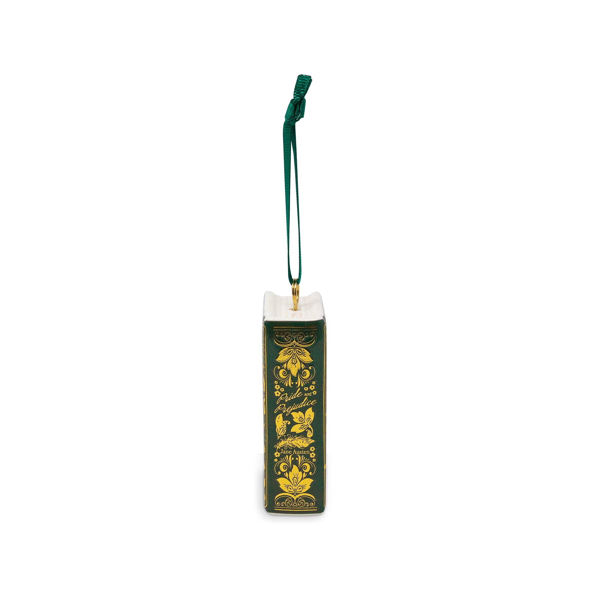 A rectangular hanging ornament with a dark green body, gold floral and vine illustrations, a white top surface, and a green hanging loop.